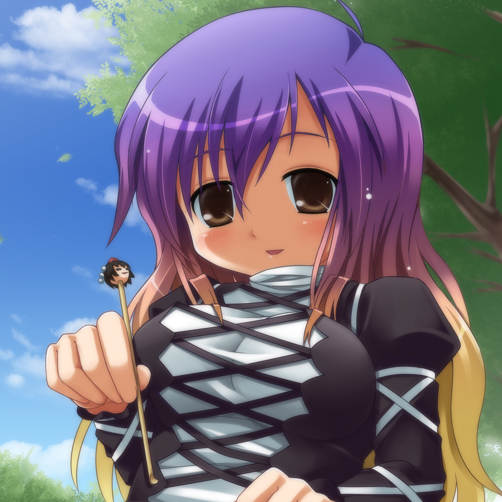 kanna hisashi, hijiri byakuren, shameimaru aya, touhou, 1girl, blush, breasts, brown eyes, cloud, female focus, gradient hair, long hair, mimikaki, multicolored hair, outdoors, plant, sky, solo, tree, upper body, yukkuri shiteitte ne