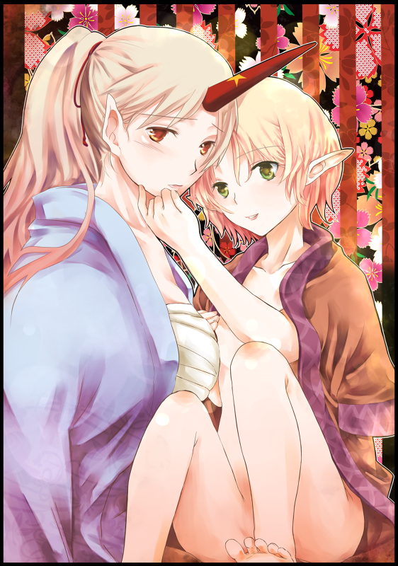 atoki, hoshiguma yuugi, mizuhashi parsee, touhou, 2girls, alternate hairstyle, bandages, barefoot, blonde hair, blush, bottomless, breasts, censored, convenient censoring, convenient leg, feet, female focus, green eyes, hand on another's face, horns, large breasts, medium breasts, multiple girls, no bra, no panties, open clothes, open robe, orange eyes, pinky out, pointy ears, ponytail, robe, sarashi, single horn, sitting, smile, toes, yuri