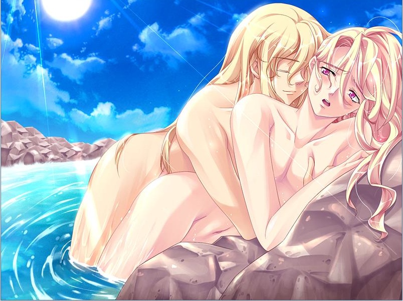 ferdinand marienfeld, louise hardwick, absolute obedience (game), zettai fukuju meirei, 2boys, blush, closed eyes, hug, long hair, male focus, multiple boys, nude, ocean, open mouth, outdoors, smile, trap, water, wet, yaoi