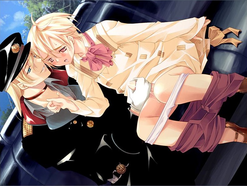 anel metzelder, louise hardwick, absolute obedience (game), zettai fukuju meirei, 2boys, blonde hair, blush, bottomless, collar, cum, gloves, handjob, long hair, male focus, multiple boys, open mouth, penis, ribbon, shota, smile, sweat, underwear, white gloves, yaoi