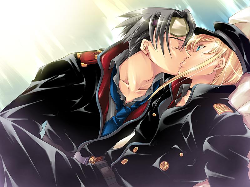kia welbehenna, louise hardwick, absolute obedience (game), zettai fukuju meirei, 2boys, blonde hair, closed eyes, goggles, gradient background, kiss, long hair, male focus, multiple boys, necktie, piercing, sweatdrop, yaoi