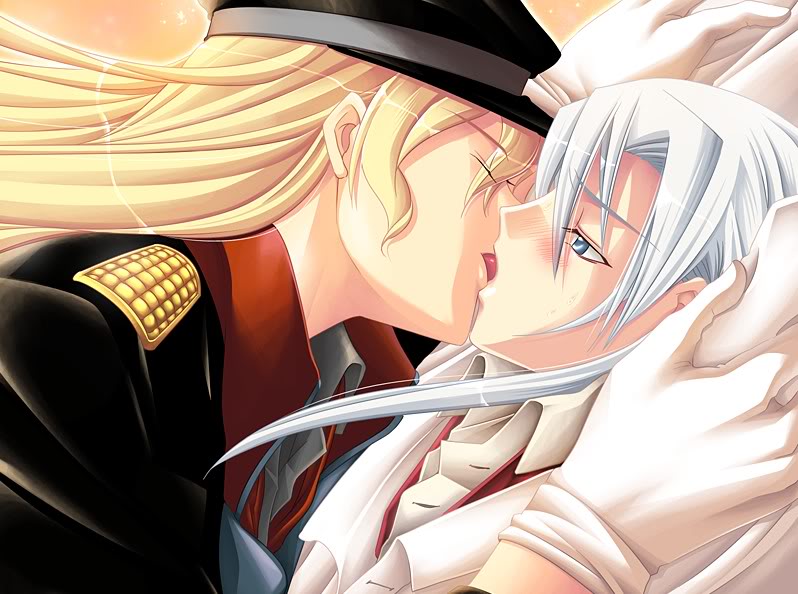hagen haller, louise hardwick, absolute obedience (game), zettai fukuju meirei, 2boys, blonde hair, blush, closed eyes, gloves, kiss, long hair, male focus, multiple boys, sweatdrop, tongue, white gloves, white hair, yaoi