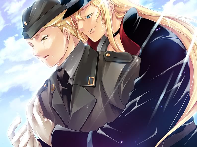 lawless streich, louise hardwick, absolute obedience (game), zettai fukuju meirei, 2boys, blonde hair, collar, gloves, hat, hug, long hair, male focus, multiple boys, sad, smile, tears, yaoi