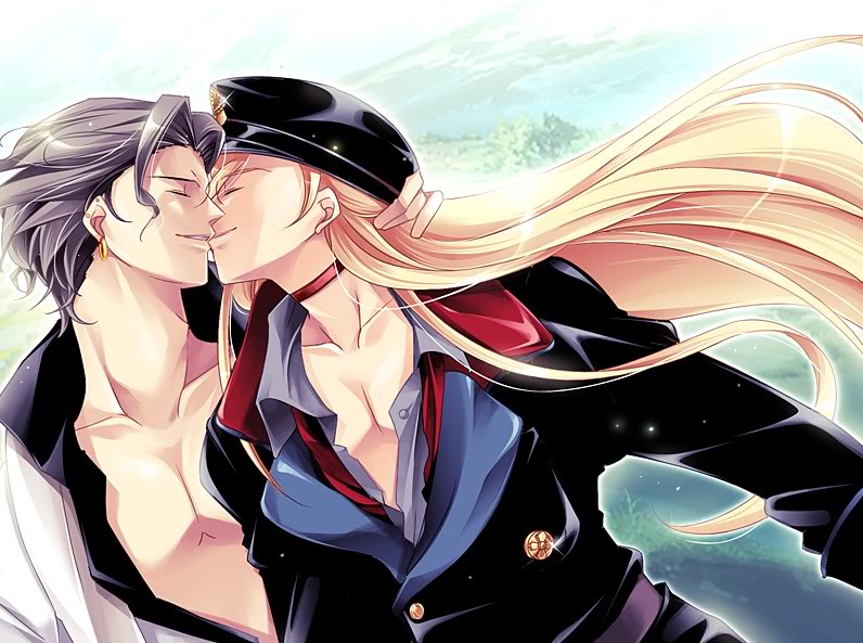 louise hardwick, werner herzog, absolute obedience (game), zettai fukuju meirei, 2boys, blonde hair, closed eyes, collar, hat, kiss, long hair, male focus, multiple boys, open clothes, open shirt, outdoors, piercing, shirt, sky, smile, yaoi