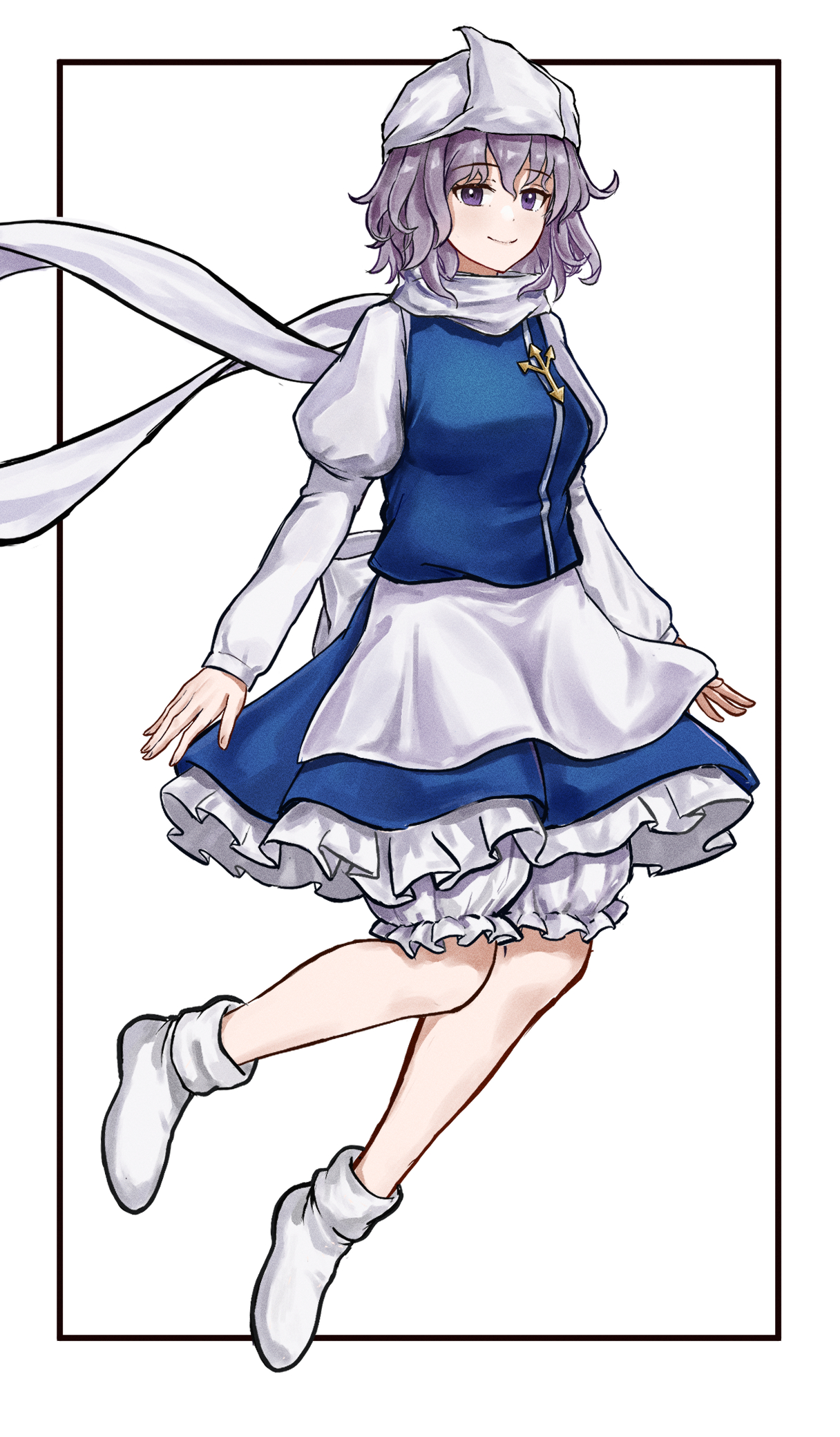 tentaizukan, letty whiterock, touhou, commentary, highres, 1girl, apron, blue shirt, blue skirt, full body, headscarf, layered skirt, pantaloons, puffy sleeves, purple eyes, purple hair, scarf, shirt, short hair, simple background, skirt, smile, solo, white apron, white background, white headscarf, white scarf