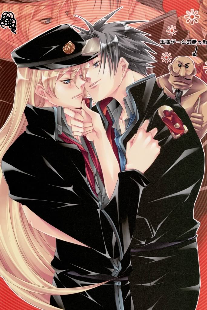 kia welbehenna, louise hardwick, absolute obedience (game), zettai fukuju meirei, 2boys, blonde hair, blush, facial hair, gallacher morlock, goggles, hat, kiss, long hair, male focus, multiple boys, muscular, mustache, smile, sweatdrop, topless male, yaoi