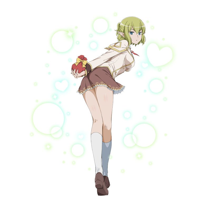 ryu lion, danmachi memoria freese, dungeon ni deai wo motomeru no wa machigatteiru darou ka, official art, third-party source, 1girl, anime coloring, arms behind back, bag, blue eyes, breasts, brown shoes, brown skirt, elf, from behind, full body, gift, green hair, hair between eyes, holding, holding bag, holding gift, impossible clothes, jacket, kneehighs, leaning forward, long sleeves, looking at viewer, looking back, medium breasts, miniskirt, official alternate costume, parted lips, pointy ears, ponytail, shoes, short hair, short ponytail, sidelocks, skirt, socks, solo, standing, white background, white socks