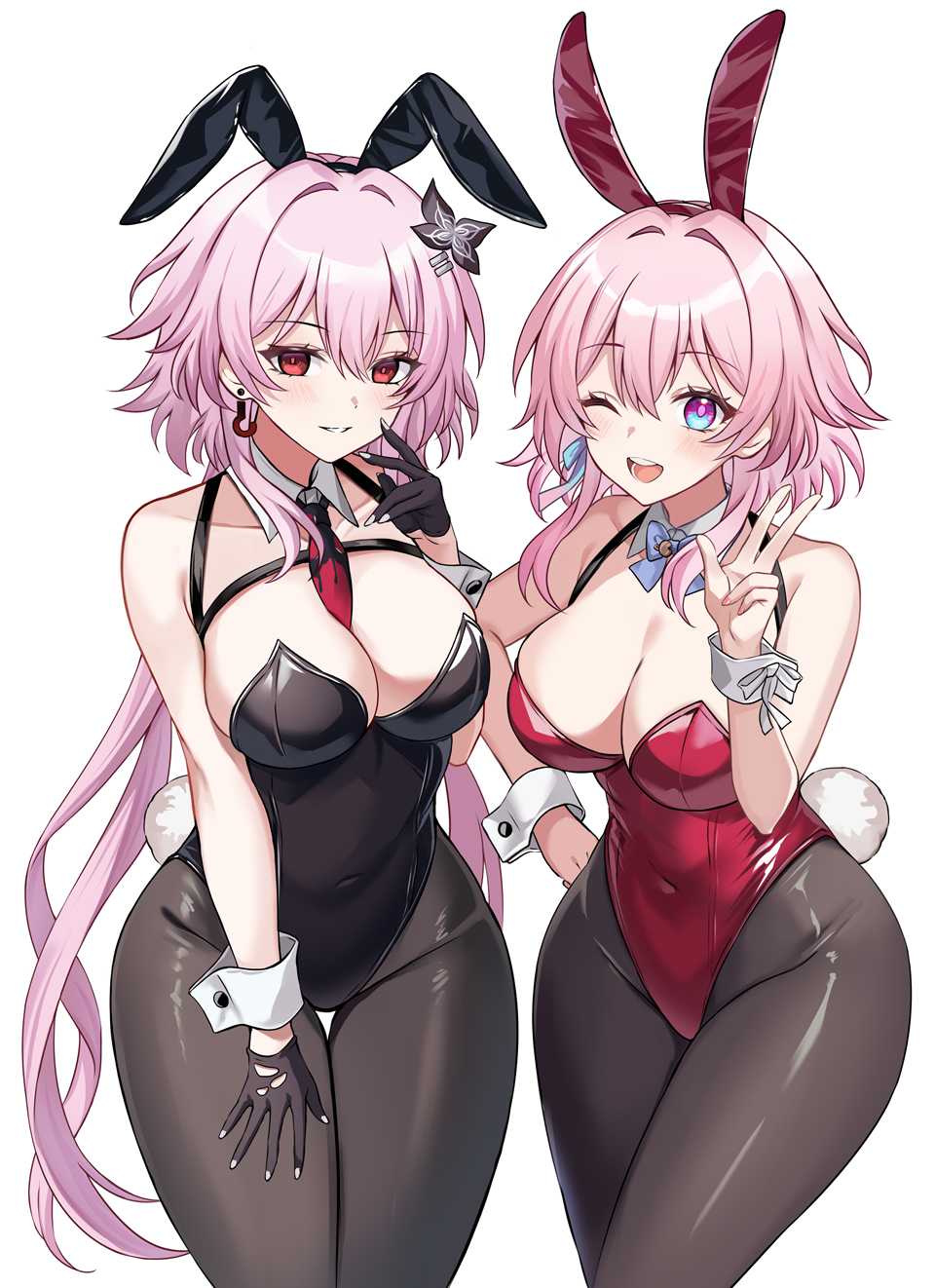 harimoji, evernight (honkai: star rail), march 7th (honkai: star rail), march 7th (preservation) (honkai: star rail), honkai: star rail, honkai (series), commentary request, duplicate, highres, pixel-perfect duplicate, 2girls, animal ears, breasts, covered navel, detached collar, earrings, fake animal ears, fake tail, flower, gloves, hair between eyes, hair flower, hair ornament, hairclip, jewelry, large breasts, leotard, long hair, medium hair, multicolored eyes, multiple girls, necktie, one eye closed, pantyhose, parallel hairclips, pink hair, playboy bunny, rabbit ears, rabbit tail, red eyes, single earring, smile, strap, tail, thigh gap, thighs, two-tone eyes, v, very long hair, white background, wrist cuffs