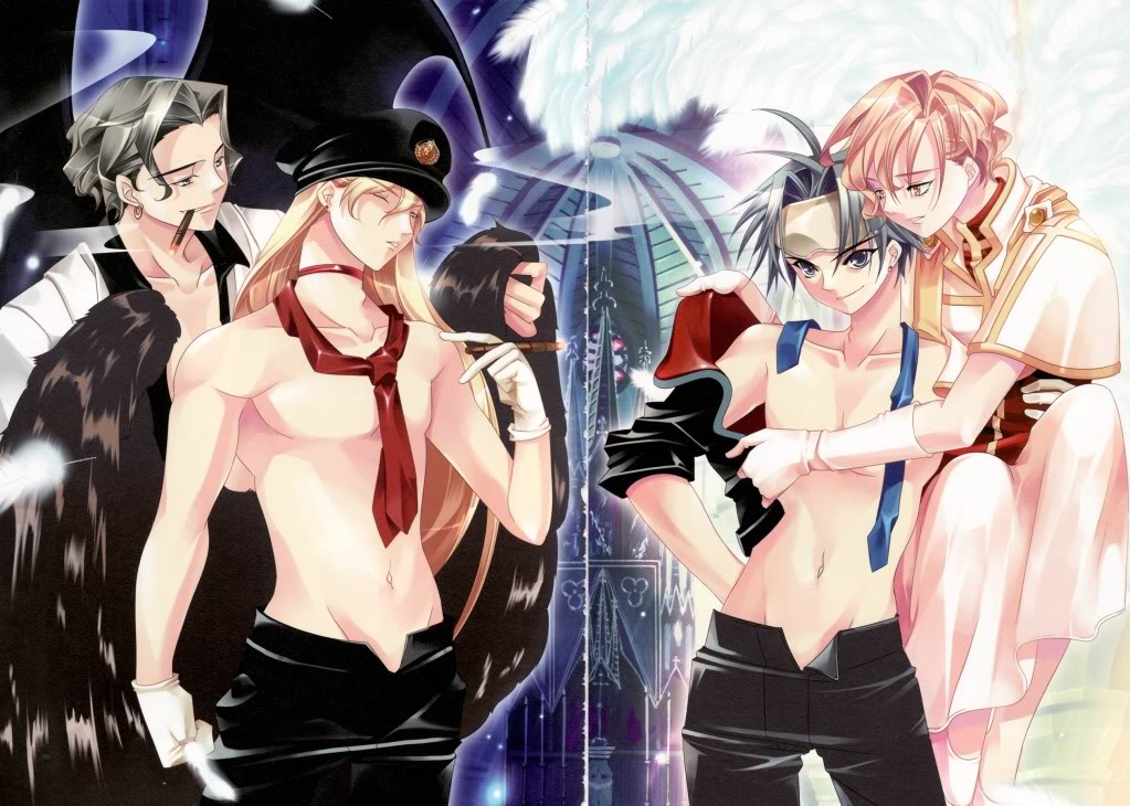 eduard wernicke, kia welbehenna, louise hardwick, werner herzog, absolute obedience (game), zettai fukuju meirei, antenna hair, blonde hair, cigarette, closed eyes, coat, cross, gloves, goggles, hat, hug, long hair, male focus, necktie, open clothes, open shirt, piercing, shirt, short hair, smile, smirk, topless male, wings, yaoi