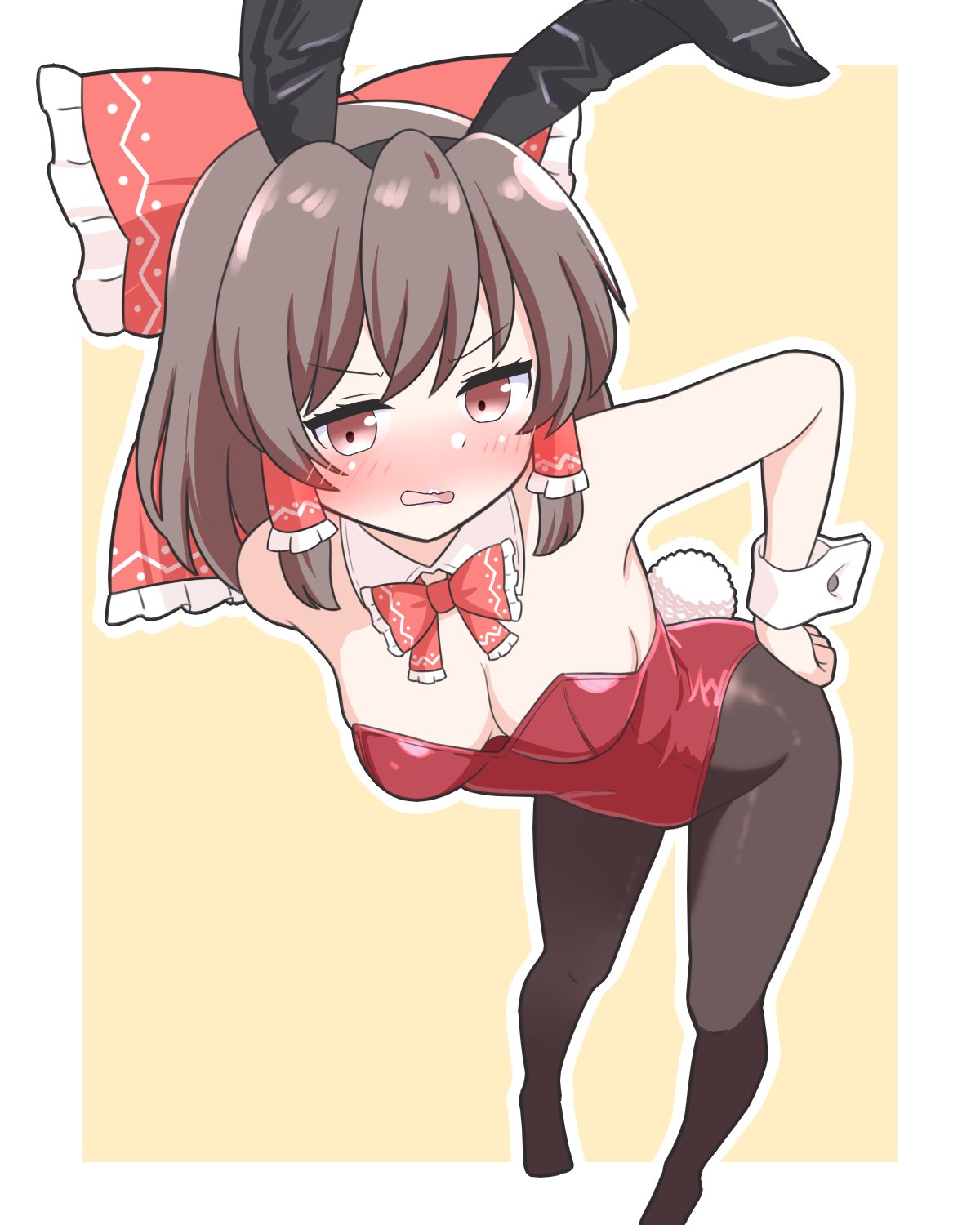 zenji029, hakurei reimu, touhou, commentary, highres, 1girl, alternate costume, animal ears, black pantyhose, bow, bowtie, breasts, brown eyes, brown hair, detached collar, frilled bow, frilled bowtie, frills, hair between eyes, hair bow, hair tubes, hand on own hip, jitome, leaning forward, leotard, open mouth, outline, pantyhose, playboy bunny, rabbit ears, rabbit tail, red bow, red bowtie, red leotard, standing, tail, white outline, wrist cuffs