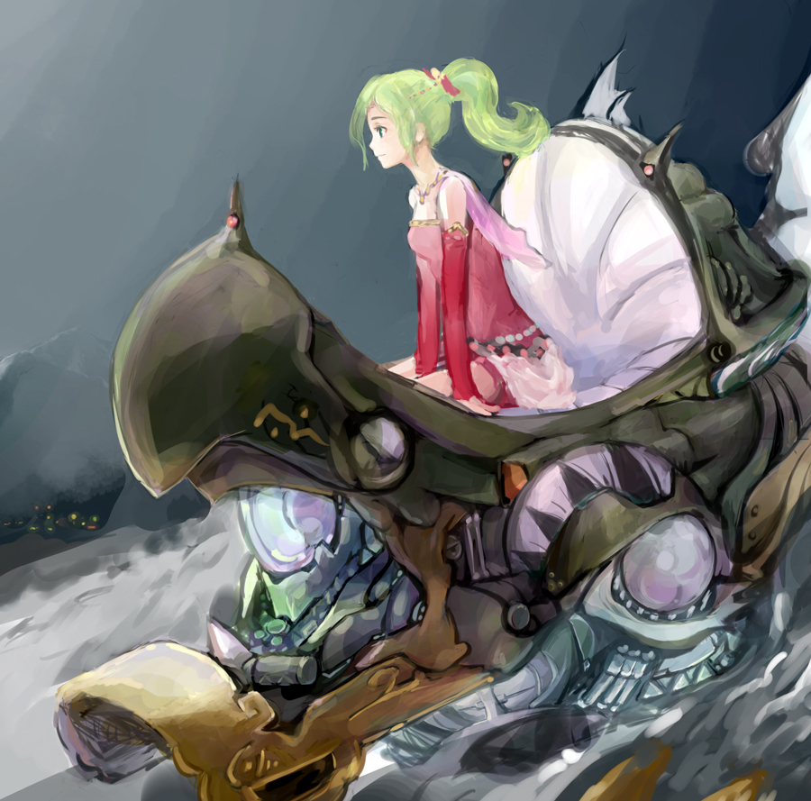 conjaku, tina branford, final fantasy, final fantasy vi, 1990s (style), 1girl, blue eyes, cape, detached sleeves, dress, female focus, gloves, green hair, hair ornament, jewelry, long hair, no legwear, ponytail, retro artstyle, sitting, solo