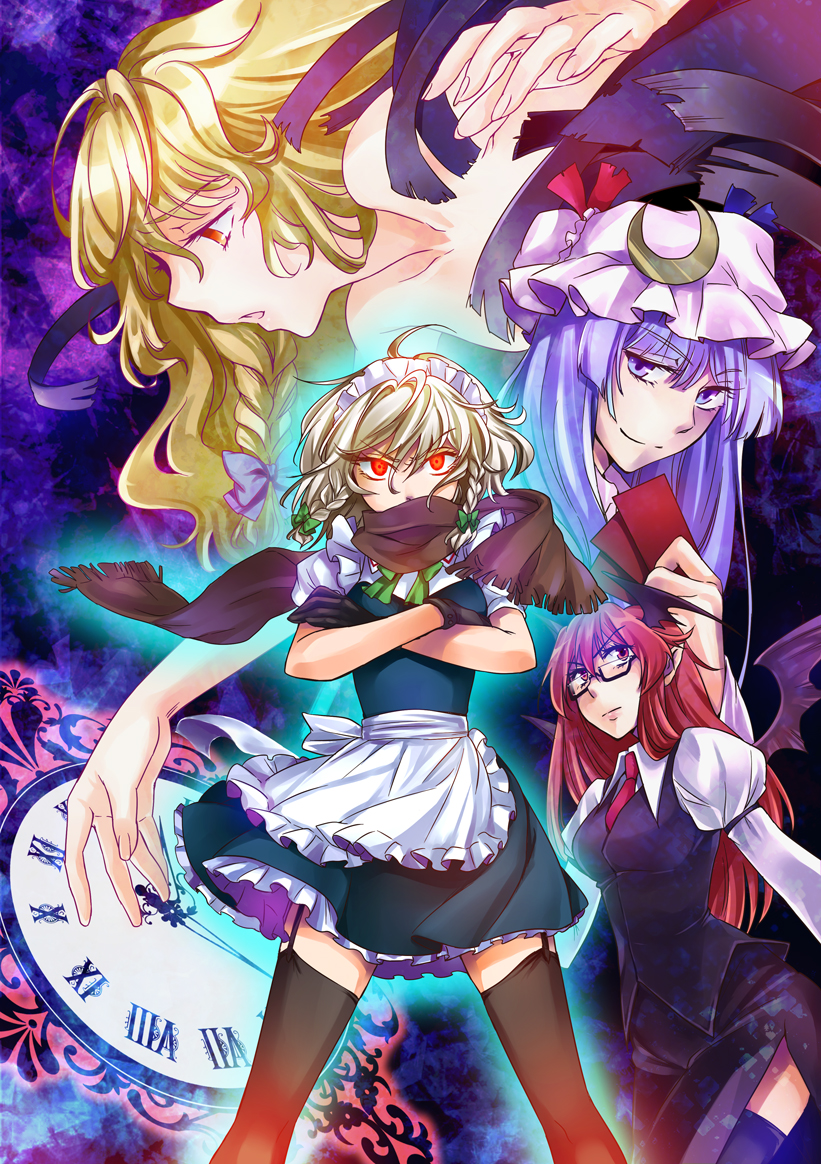 matilda (matildax), izayoi sakuya, kirisame marisa, koakuma, patchouli knowledge, embodiment of scarlet devil, perfect cherry blossom, top wo nerae! (series), top wo nerae 2!, touhou, 4girls, bespectacled, blonde hair, clock, crossed arms, female focus, glasses, glowing, glowing eyes, multiple girls, parody, red eyes, scarf, thighhighs