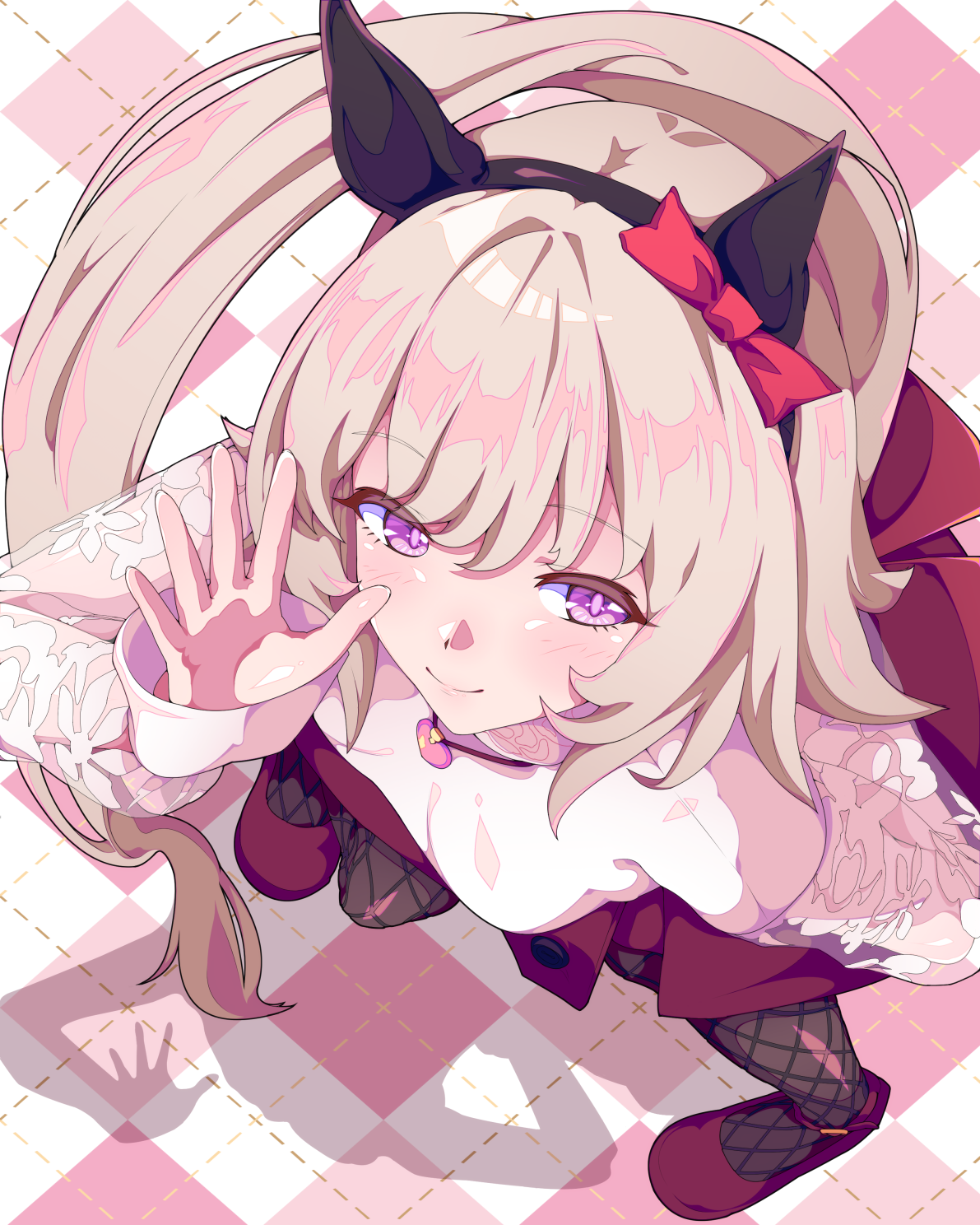 kan lee, curren chan (umamusume), umamusume, commentary request, highres, 1girl, bare shoulders, black hairband, black pantyhose, blush, breasts, closed mouth, dress, ear covers, fishnet pantyhose, fishnets, from above, hairband, jewelry, looking at viewer, necklace, off-shoulder dress, off shoulder, pantyhose, purple eyes, red dress, red shoes, shoes, small breasts, smile, solo, white sleeves