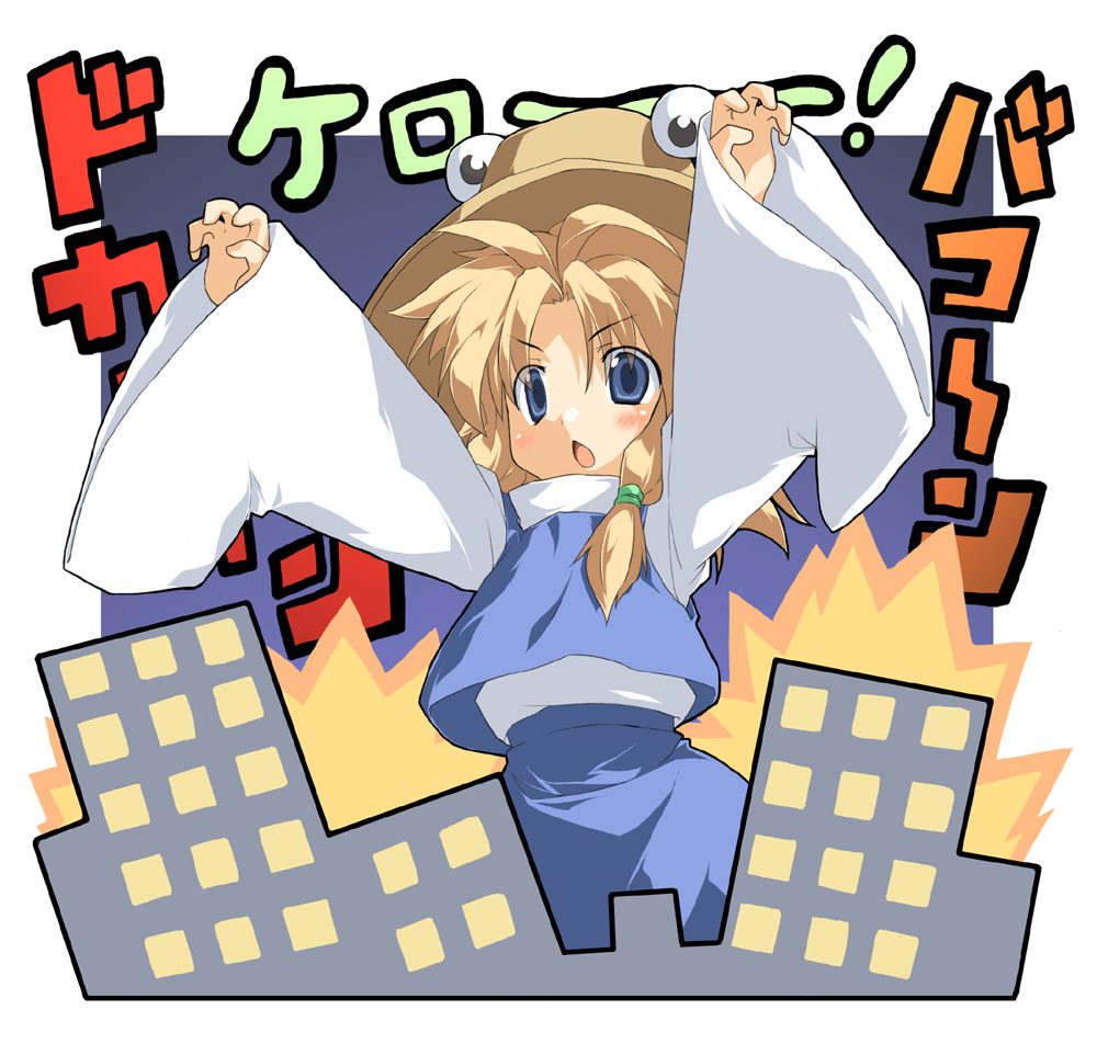 take shinobu, takesinobu, moriya suwako, touhou, bad id, bad pixiv id, 1girl, blonde hair, blue eyes, building, female focus, gradient background, hat, ribbon, solo