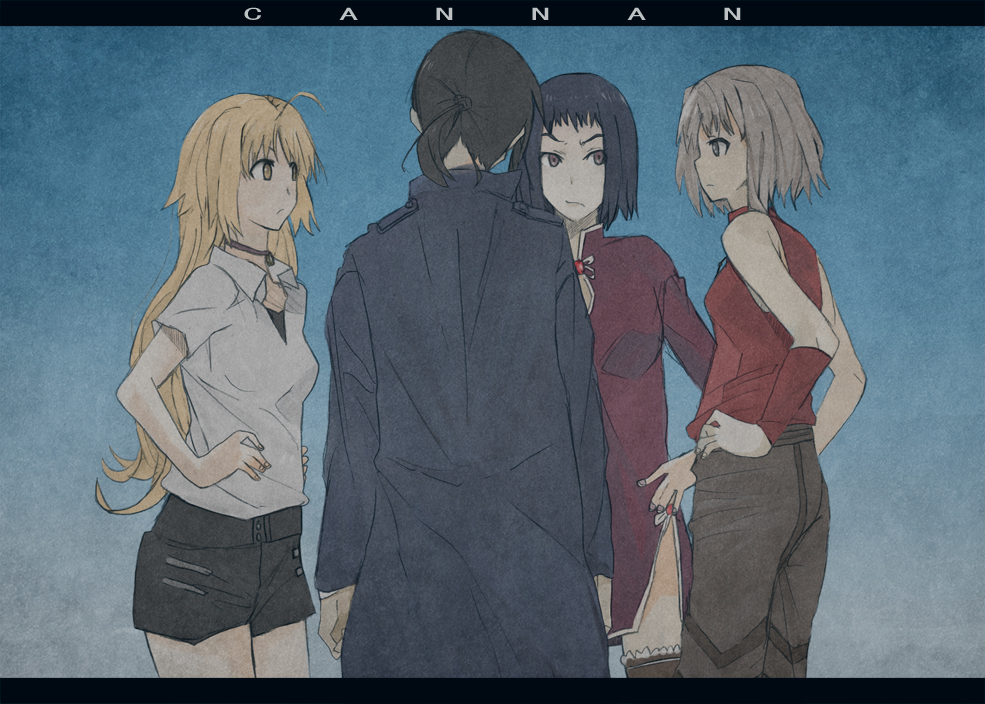 alphard (canaan), canaan (character), liang qi, oosawa maria, 428, 428: fuusa sareta shibuya de, canaan (series), chunsoft, black hair, blonde hair, jewelry, long hair, ponytail, purple hair, short hair, sleeveless, sleeveless turtleneck, thighhighs, turtleneck, white hair