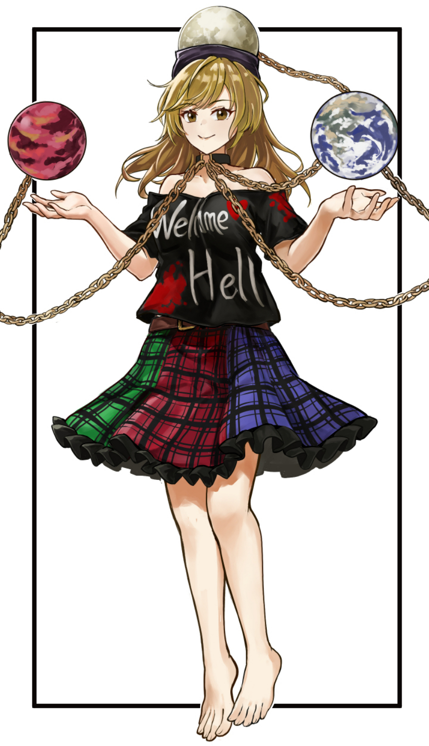 tentaizukan, hecatia lapislazuli, hecatia lapislazuli (moon), touhou, commentary, highres, 1girl, bare shoulders, barefoot, black shirt, blonde hair, chain, earth (planet), feet, frilled skirt, frills, full body, long hair, looking at viewer, off-shoulder shirt, off shoulder, plaid clothes, plaid skirt, planet, print shirt, shirt, simple background, skirt, smile, solo, toes, white background, yellow eyes