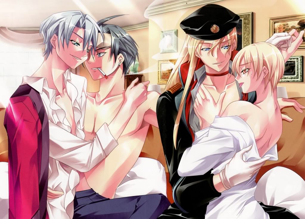 anel metzelder, kia welbehenna, louise hardwick, timo wilkes, absolute obedience (game), zettai fukuju meirei, :p, blonde hair, cigarette, collar, gloves, goggles, hat, holding hands, hug, long hair, male focus, open clothes, open shirt, piercing, shirt, smile, smirk, smoke, sweatdrop, tongue, tongue out, topless male, yaoi