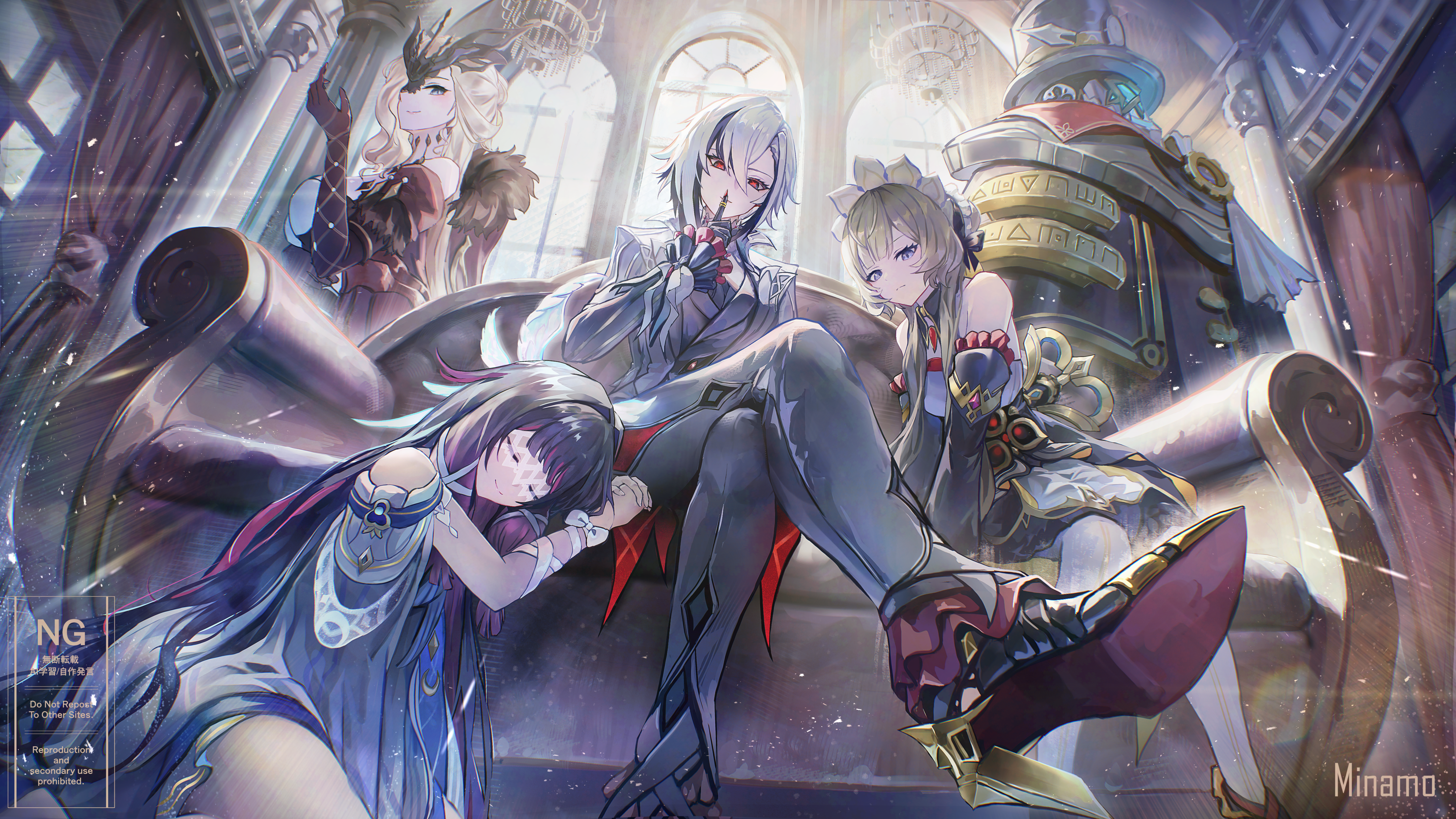 minamo (edosei edo), arlecchino (genshin impact), columbina (genshin impact), pulonia (genshin impact), sandrone (genshin impact), signora (genshin impact), genshin impact, absurdres, commentary request, highres, 1other, 4girls, black hair, black pants, blonde hair, blue eyes, brown hair, closed eyes, closed mouth, couch, crossed legs, detached sleeves, dress, feathered wings, hair between eyes, hair ornament, hair ribbon, head wings, high heels, humanoid robot, index finger raised, indoors, long hair, long sleeves, looking at viewer, multiple girls, multiple wings, on couch, pants, pantyhose, pink hair, red eyes, ribbon, robot, sitting, smile, strapless, strapless dress, white dress, white pantyhose, wide sleeves, wings