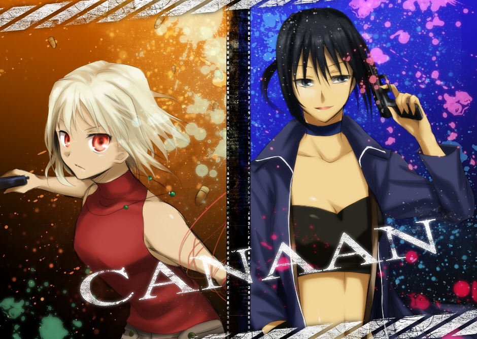 alphard (canaan), canaan (character), 428, 428: fuusa sareta shibuya de, canaan (series), chunsoft, 2girls, black hair, gun, jewelry, multiple girls, red eyes, short hair, sleeveless, sleeveless turtleneck, turtleneck, weapon, white hair