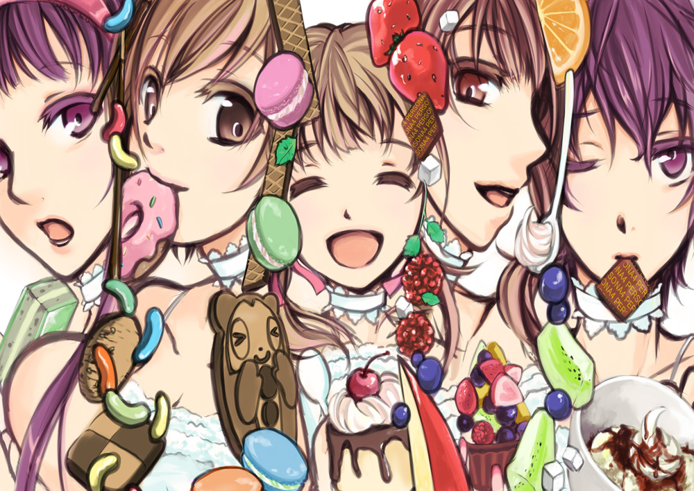 modomix, amagi yukiko, doujima nanako, kujikawa rise, satonaka chie, shirogane naoto, atlus, persona, persona 4, bad id, bad pixiv id, 5girls, brown eyes, brown hair, cake, candy, checkerboard cookie, cherry, chocolate, choker, closed eyes, cookie, donut, eating, food, fruit, hair ribbon, hairband, ice cream, jelly bean, long hair, macaron, multiple girls, one eye closed, open mouth, pastry, pudding, purple eyes, purple hair, red hair, ribbon, short hair, smile, spoon, strawberry, twintails, whipped cream, wink