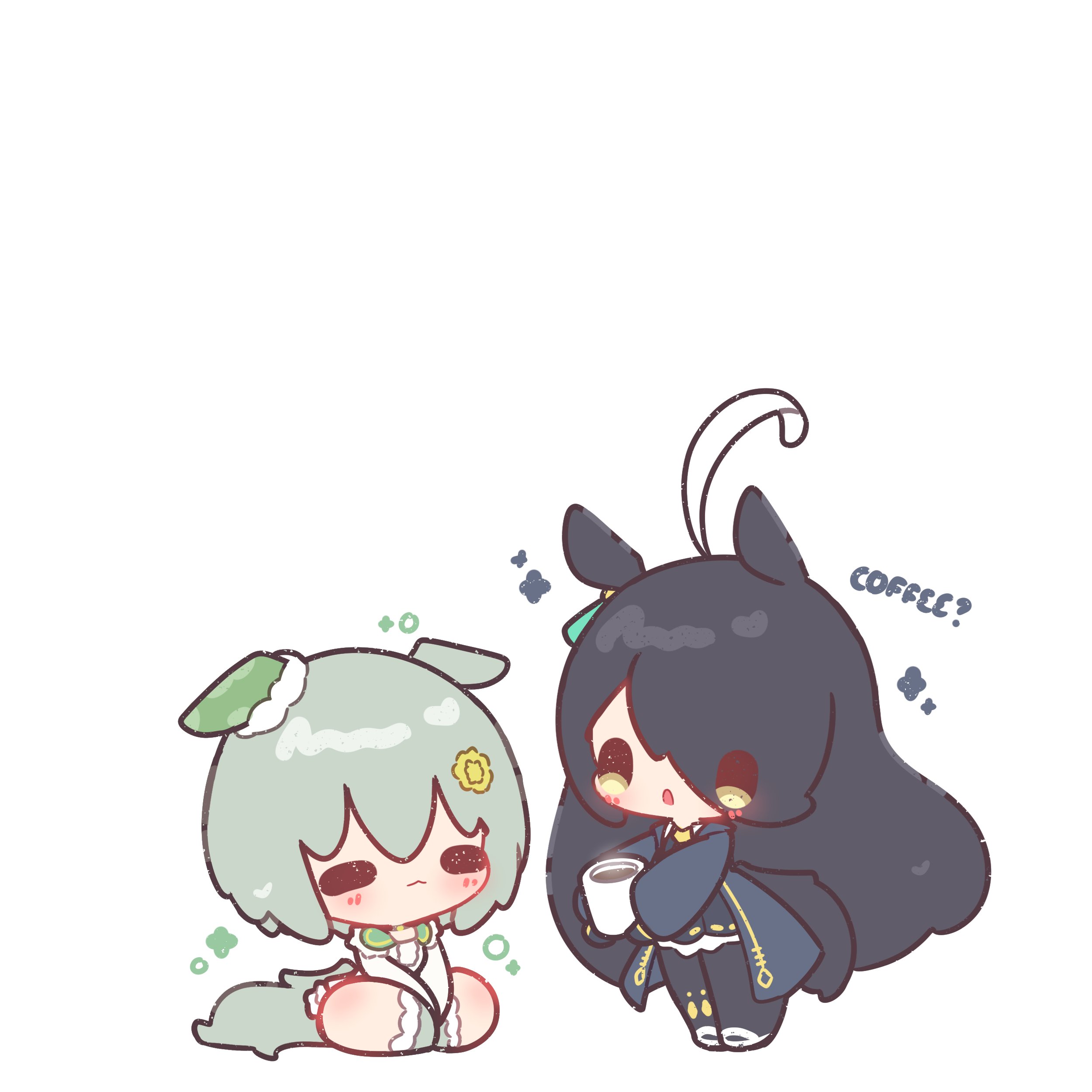 decrilus, manhattan cafe (creeping shadow) (umamusume), manhattan cafe (umamusume), seiun sky (reeling in the big one) (umamusume), seiun sky (umamusume), umamusume, absurdres, hashtag-only commentary, highres, 2girls, ahoge, animal ears, black coat, black gloves, black hair, black pantyhose, blush, chibi, chibi only, closed mouth, coat, coffee, coffee mug, collared shirt, cup, ear covers, ear tag, earrings, flower, gloves, grey hair, hair between eyes, hair flower, hair ornament, hairclip, holding, holding cup, horse ears, horse girl, horse tail, jewelry, long bangs, long hair, long hair between eyes, long sleeves, mug, multicolored hair, multiple girls, necktie, pantyhose, parted lips, shirt, short hair, shorts, single ear cover, single earring, sitting, skirt, steaming cup, sunflower, sunflower hair ornament, tail, very long hair, white hair, white shirt, yellow eyes, yellow necktie