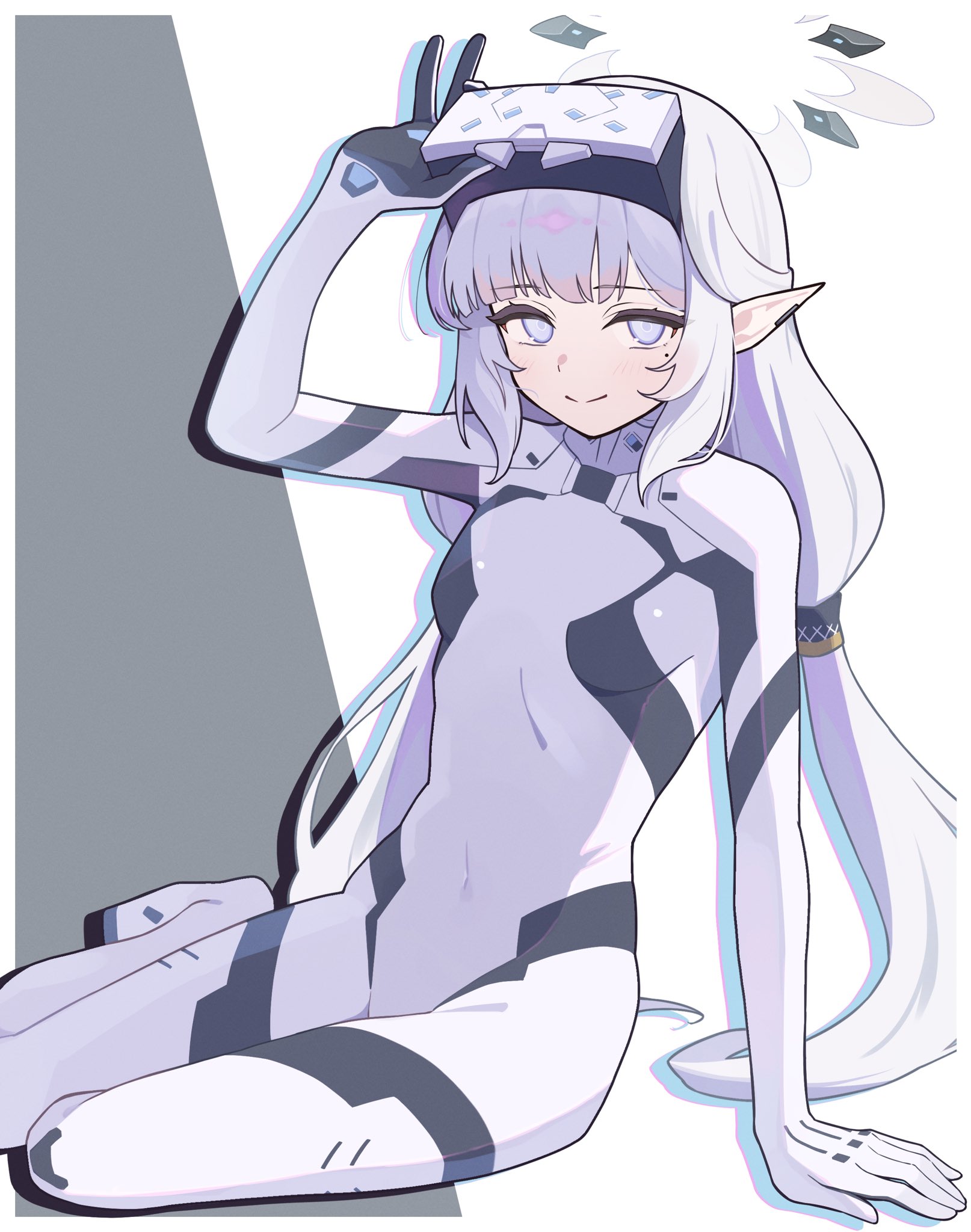 toki kimagure, himari (blue archive), blue archive, commentary request, highres, tagme, 1girl, blue eyes, bodysuit, breasts, halo, long hair, looking at viewer, mole, mole under eye, pointy ears, sitting, small breasts, solo, very long hair, white bodysuit, white hair