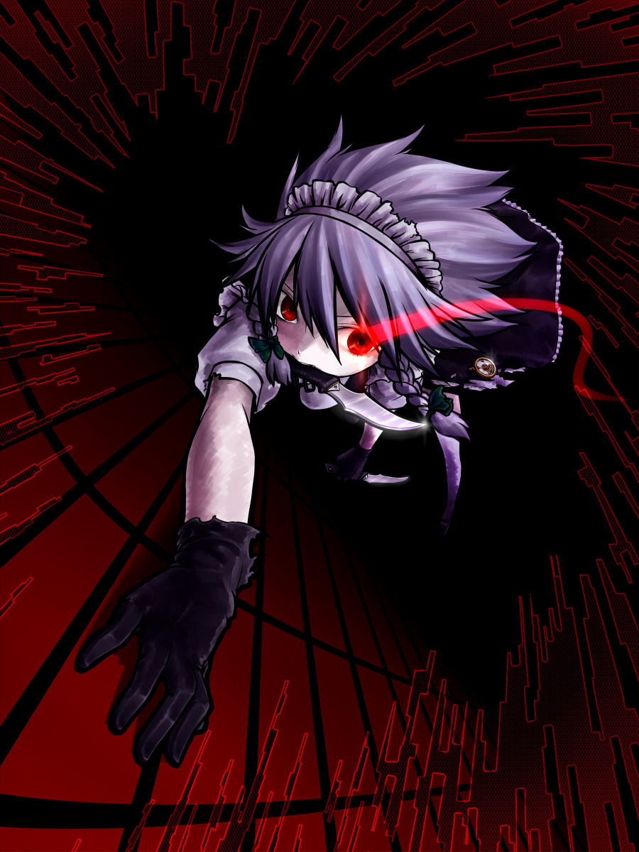 captain freedom, izayoi sakuya, touhou, silver hair, bad id, bad pixiv id, highres, 1girl, braid, female focus, gloves, glowing, glowing eye, knife, maid, red eyes, short hair, solo, thighhighs, throwing knife, twin braids, weapon