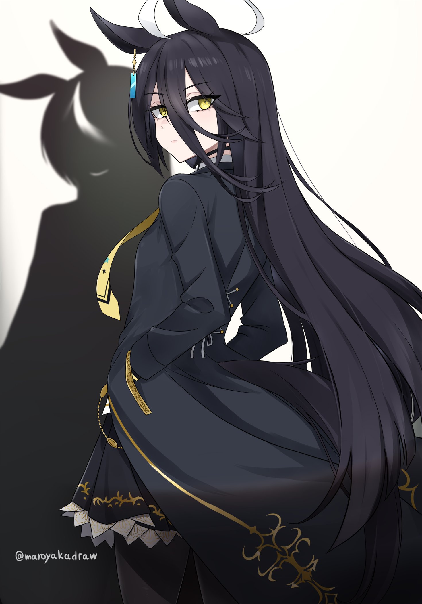 ibuki grunt, manhattan cafe (creeping shadow) (umamusume), manhattan cafe (umamusume), umamusume, commentary, highres, symbol-only commentary, 1girl, ahoge, animal ears, black coat, black hair, black pantyhose, black skirt, breasts, closed mouth, coat, ear tag, earrings, from behind, hair between eyes, hands in pockets, horse ears, horse girl, horse tail, jewelry, long bangs, long hair, long hair between eyes, long sleeves, looking at viewer, looking back, multicolored hair, necktie, pantyhose, shadow, shirt, single earring, skirt, solo, tail, very long hair, white hair, yellow eyes, yellow necktie