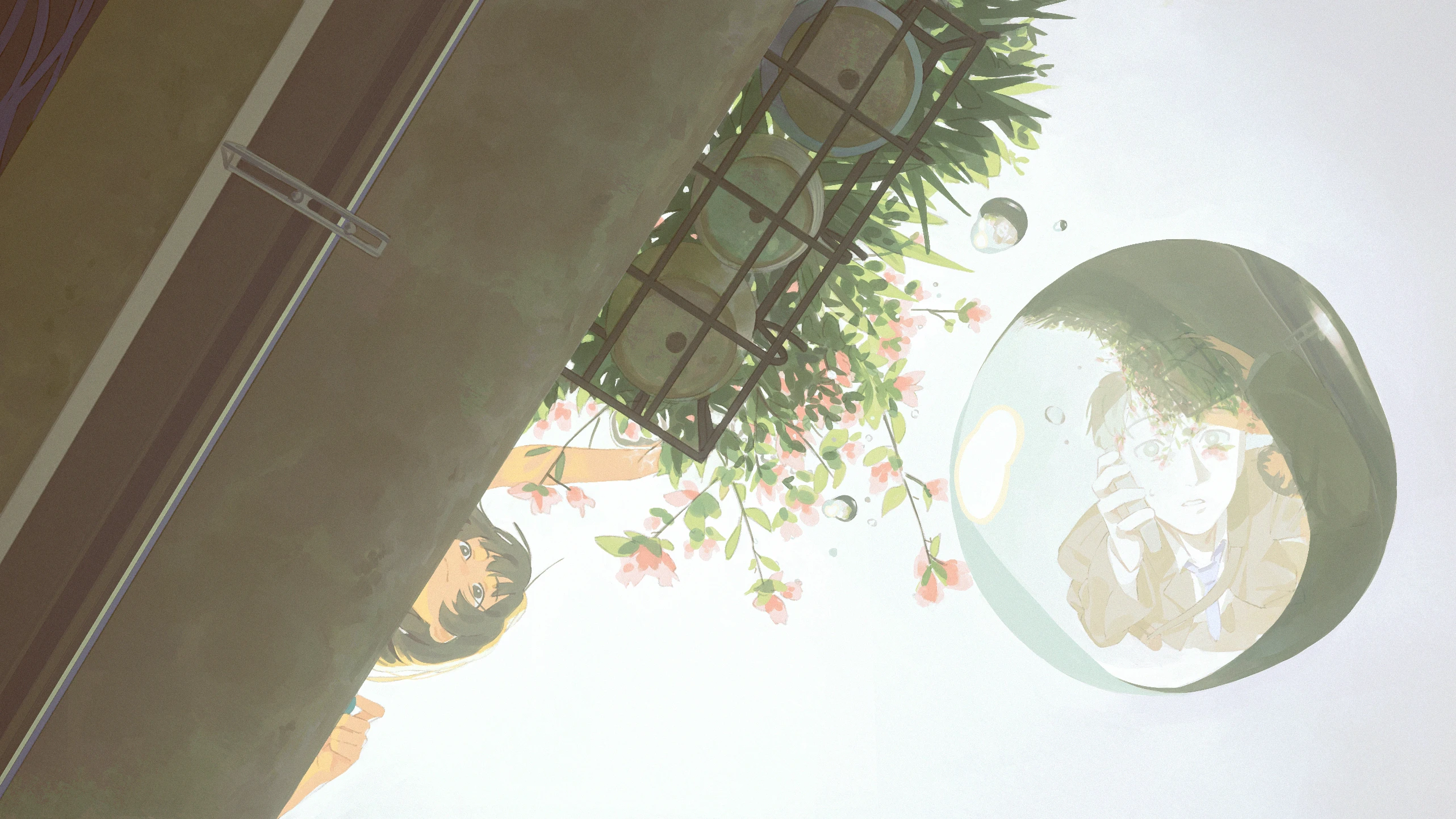 jiankun yu, original, highres, 1boy, 1girl, black hair, blue necktie, collared shirt, day, flower pot, formal clothes, from below, holding, holding phone, looking up, medium hair, necktie, outdoors, parted lips, phone, plant, potted plant, reflection, reflection focus, reflective liquid, shirt, short hair, smile, suit, water drop, watering, white shirt
