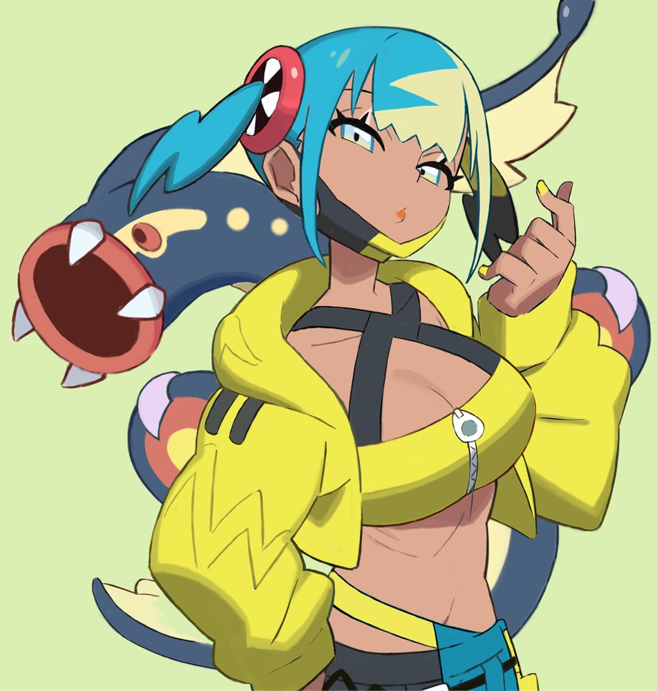 yuuki (irodo rhythm), canari (pokemon), eelektross, nintendo, pokemon, pokemon legends: z-a, commentary request, 1girl, aqua hair, bandeau, black mask, blonde hair, blue eyes, breasts, cleavage, colored sclera, criss-cross straps, dark-skinned female, dark skin, eel, fangs, finger heart, fish, gen 5 pokemon, jacket, lamprey, large breasts, long sleeves, looking at viewer, mask, mask pull, mouth mask, multicolored hair, navel, open mouth, pants, pokemon (creature), red sclera, short twintails, simple background, split-color hair, sports bra, twintails, two-tone hair, two-tone mask, two-tone pants, yellow bandeau, yellow jacket, yellow mask, yellow nails, yellow sports bra