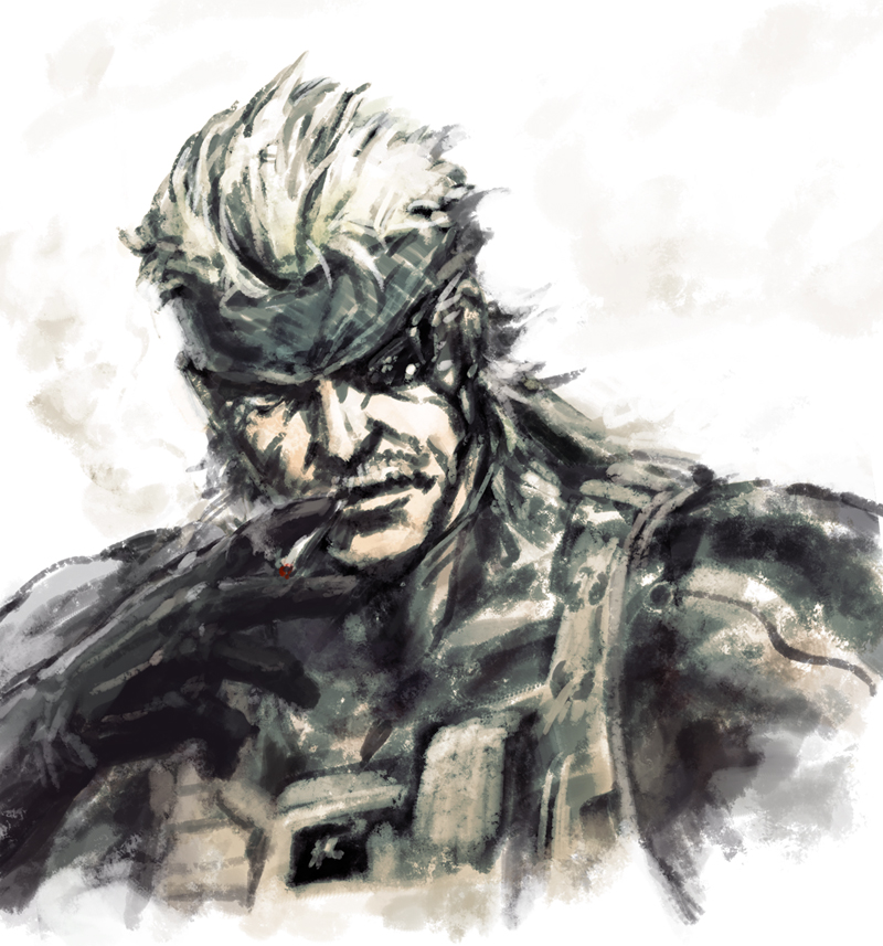 hisakata souji, old snake, solid snake, metal gear (series), metal gear solid 4: guns of the patriots, bad id, bad pixiv id, 1boy, cigarette, eyepatch, facial hair, gloves, headband, male focus, manly, mustache, smoking, solo
