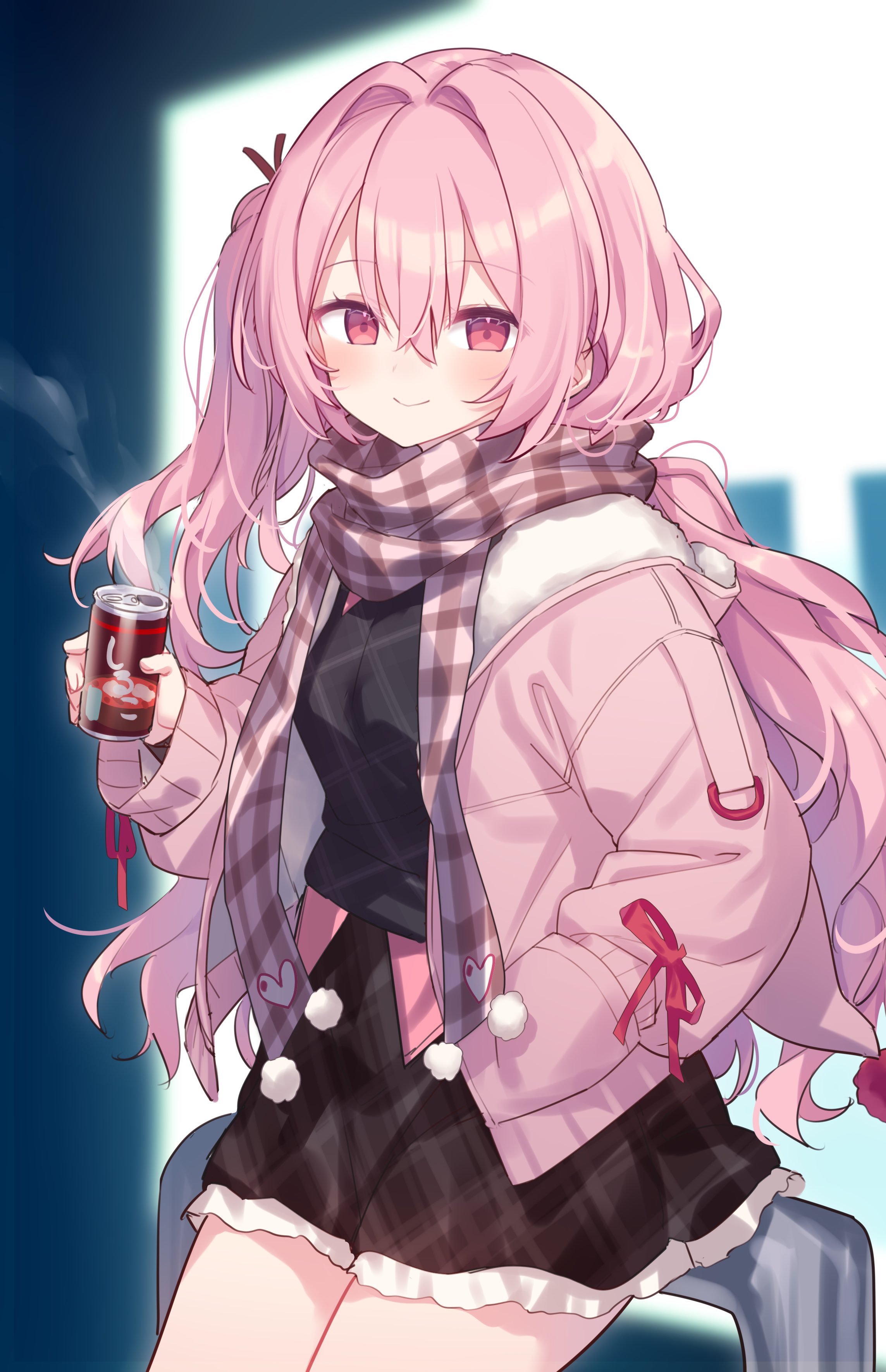 hiraga matsuri, original, absurdres, commentary, commission, highres, skeb commission, 1girl, black shirt, black skirt, blush, can, closed mouth, double-parted bangs, drink can, frilled skirt, frills, hair between eyes, holding, holding can, jacket, long hair, long sleeves, looking at viewer, miniskirt, open clothes, open jacket, pink hair, pink jacket, pink scarf, plaid clothes, plaid scarf, plaid skirt, red eyes, scarf, shirt, skirt, smile, solo