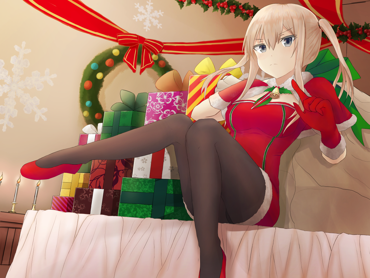 wrightia, graf zeppelin (kancolle), kantai collection, commentary, english commentary, 1girl, alternate costume, bell, black panties, black pantyhose, blonde hair, boots, box, breasts, candle, candlelight, candlestand, cape, capelet, christmas, christmas ornaments, christmas present, closed mouth, dress, elbow gloves, eyelashes, flats, frown, fur-trimmed cape, fur-trimmed dress, fur-trimmed gloves, fur trim, gift, gift box, gloves, grey eyes, hair between eyes, hands up, indoors, leg up, medium breasts, medium hair, mistletoe, neck bell, on bed, one side up, panties, panty peek, pantyhose, red boots, red capelet, red dress, red gloves, sack, santa costume, short dress, sitting, sleeveless, sleeveless dress, solo, underwear, v-shaped eyebrows, wreath