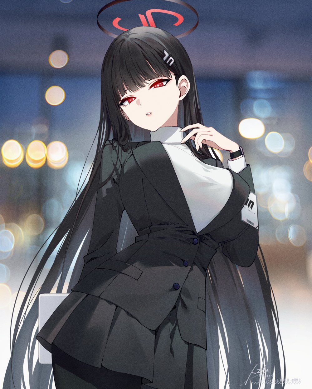 tomari (veryberry00), rio (blue archive), blue archive, commentary, highres, arm behind back, black hair, black jacket, black pantyhose, blazer, blunt bangs, blurry, blurry background, bright pupils, hair ornament, hairclip, halo, hand up, holding, id card, jacket, long hair, looking at viewer, miniskirt, pantyhose, parted lips, pleated skirt, red eyes, ringed eyes, skirt, sweater, turtleneck, turtleneck sweater, very long hair, watch, white pupils, white sweater, wristwatch