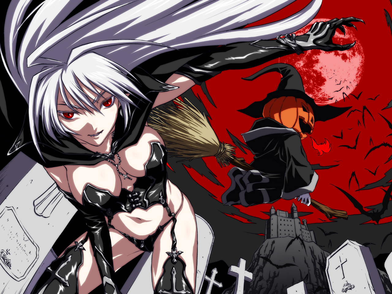 iga tomoteru, original, 1girl, bat (animal), between breasts, breasts, breath weapon, breathing fire, broom, broom riding, cape, castle, claws, cleavage, cross, elbow gloves, fang, fangs, female focus, fire, fisheye, full moon, gloves, graveyard, halloween, hat, jack-o'-lantern, jewelry, large breasts, leaning forward, leather, long hair, moon, necklace, pointy ears, pumpkin, pumpkin hat, red background, red eyes, red moon, red sky, sky, slit pupils, solo, thighhighs, tombstone, vampire, white hair, witch hat