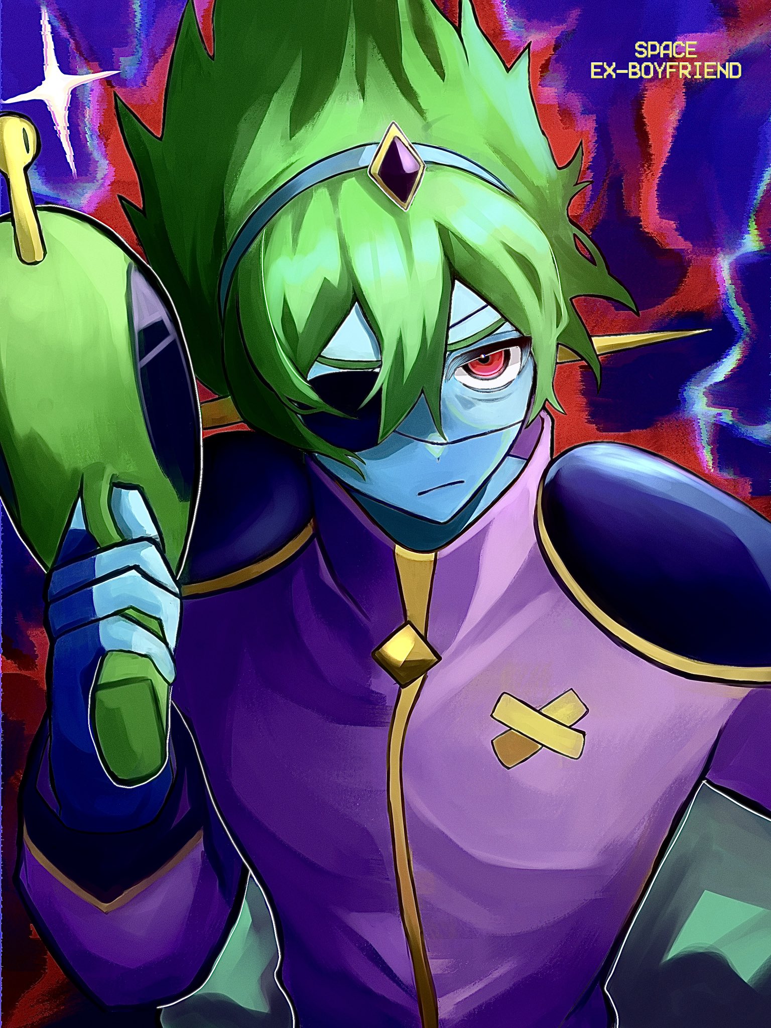 captain spaceboy, omori, commentary request, highres, revision, 1boy, blue gloves, blue skin, cape, closed mouth, colored skin, double-parted bangs, eyepatch, fingerless gloves, gloves, green cape, green hair, hair between eyes, long sleeves, looking at viewer, male focus, red eyes, short hair, solo, upper body, waiwaisiyo ze