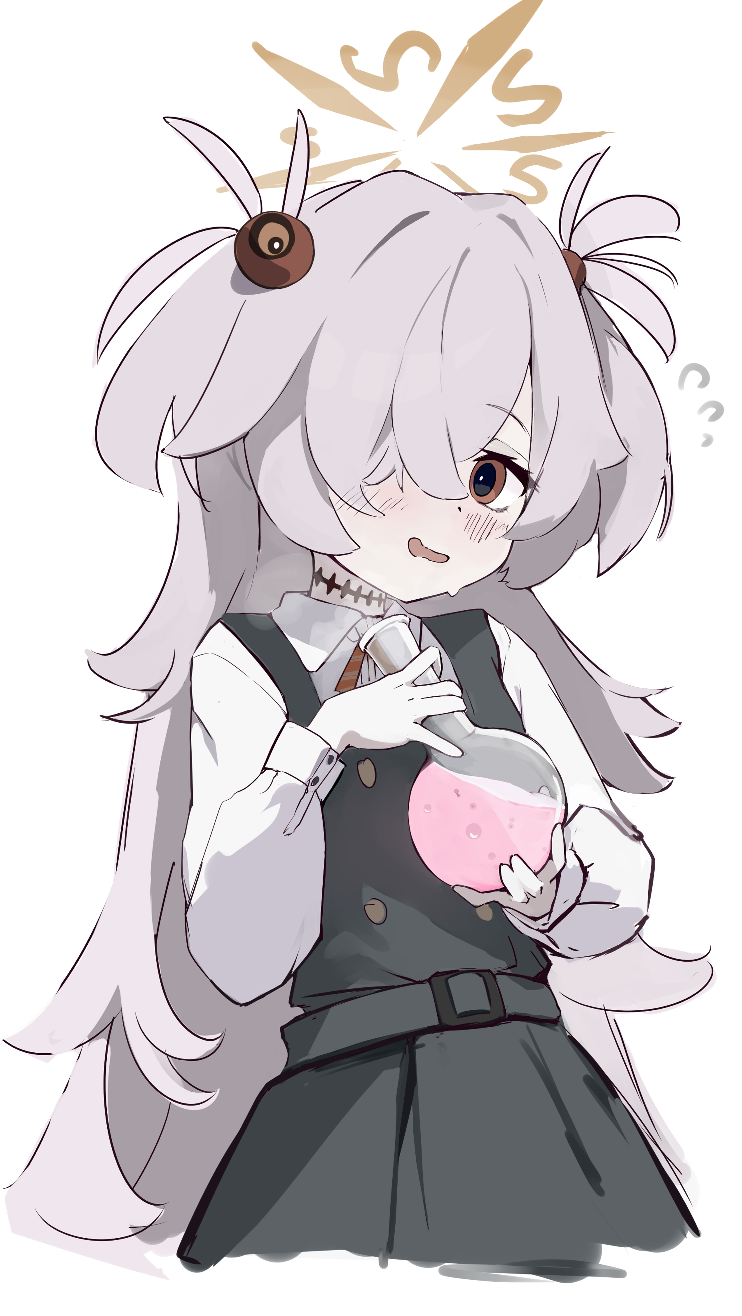 mi kan (1101515378), kanoe (blue archive), blue archive, absurdres, commentary, highres, 1girl, belt, black dress, blush, brown eyes, brown halo, brown ribbon, buttons, collared shirt, double-breasted, dress, flask, flying sweatdrops, grey hair, hair ornament, hair over one eye, halo, holding, holding flask, long hair, long sleeves, looking at viewer, neck ribbon, one eye covered, open mouth, pinafore dress, potion, ribbon, round-bottom flask, scar, scar on neck, shirt, simple background, sleeveless, sleeveless dress, smile, solo, striped ribbon, sweatdrop, two side up, very long hair, white background, white shirt