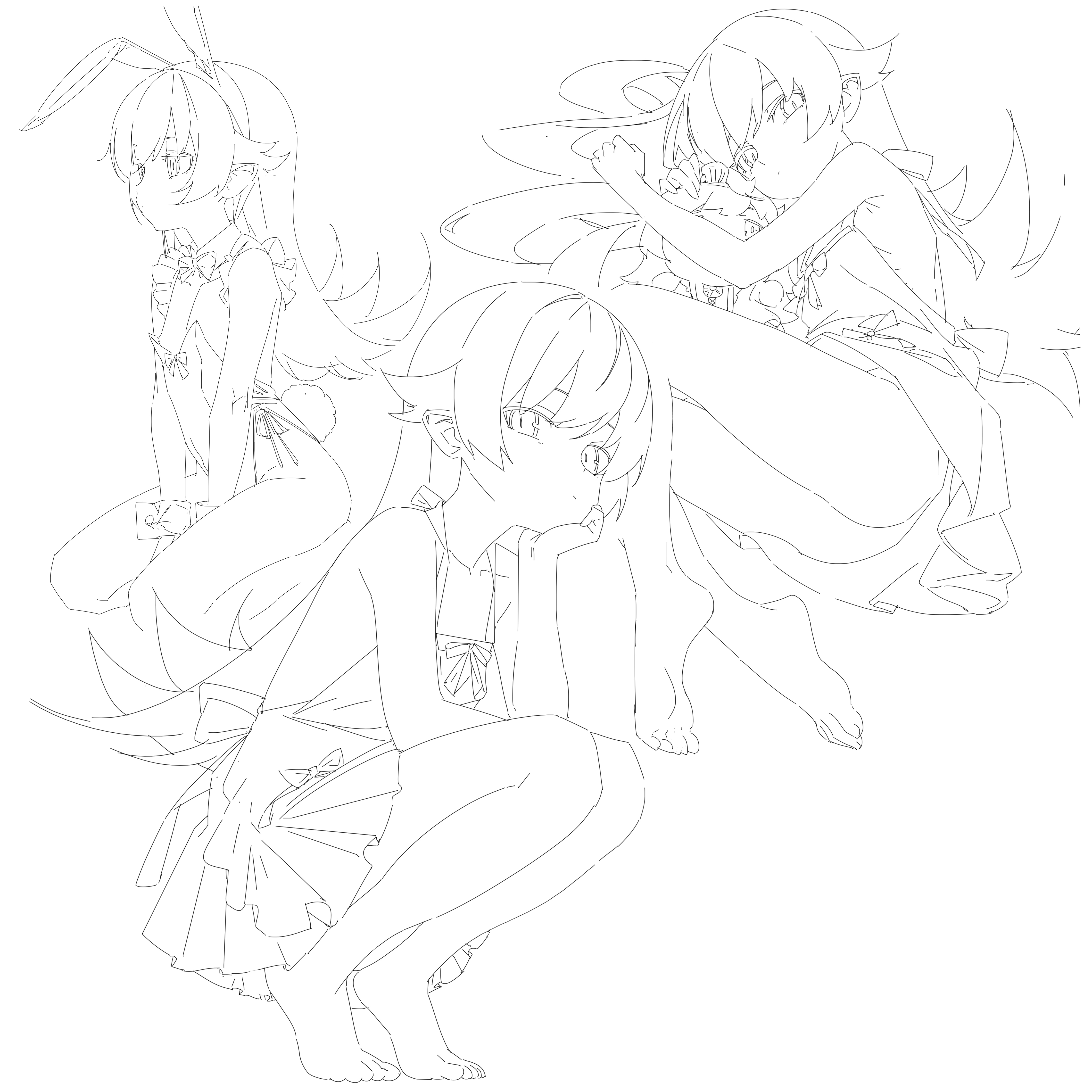 shishirui san, oshino shinobu, monogatari (series), absurdres, commentary request, highres, 1girl, animal ear hairband, animal ears, apron, arm rest, ass, back bow, bare legs, barefoot, between legs, bottomless, bow, bow apron, bowtie, buttoned cuffs, buttons, character doll, closed mouth, collarbone, covered navel, detached collar, doll, dot mouth, dot nose, expressionless, fake animal ears, feet, flat chest, flipped hair, frilled sleeves, frills, from above, from side, frown, full body, hair between eyes, hair flaps, hair spread out, hairband, halterneck, hand between legs, head rest, highleg, highleg leotard, hugging doll, hugging object, kneeling, knees up, leotard, lineart, long hair, looking at viewer, looking to the side, lying, multiple views, on side, oversized breast cup, plantar flexion, playboy bunny, pleated skirt, pointy ears, rabbit ear hairband, rabbit ears, rabbit tail, ringed eyes, skirt, sleeveless, slit pupils, squatting, strapless, strapless leotard, tail, tiptoes, v arms, very long hair, waist bow, wrist cuffs