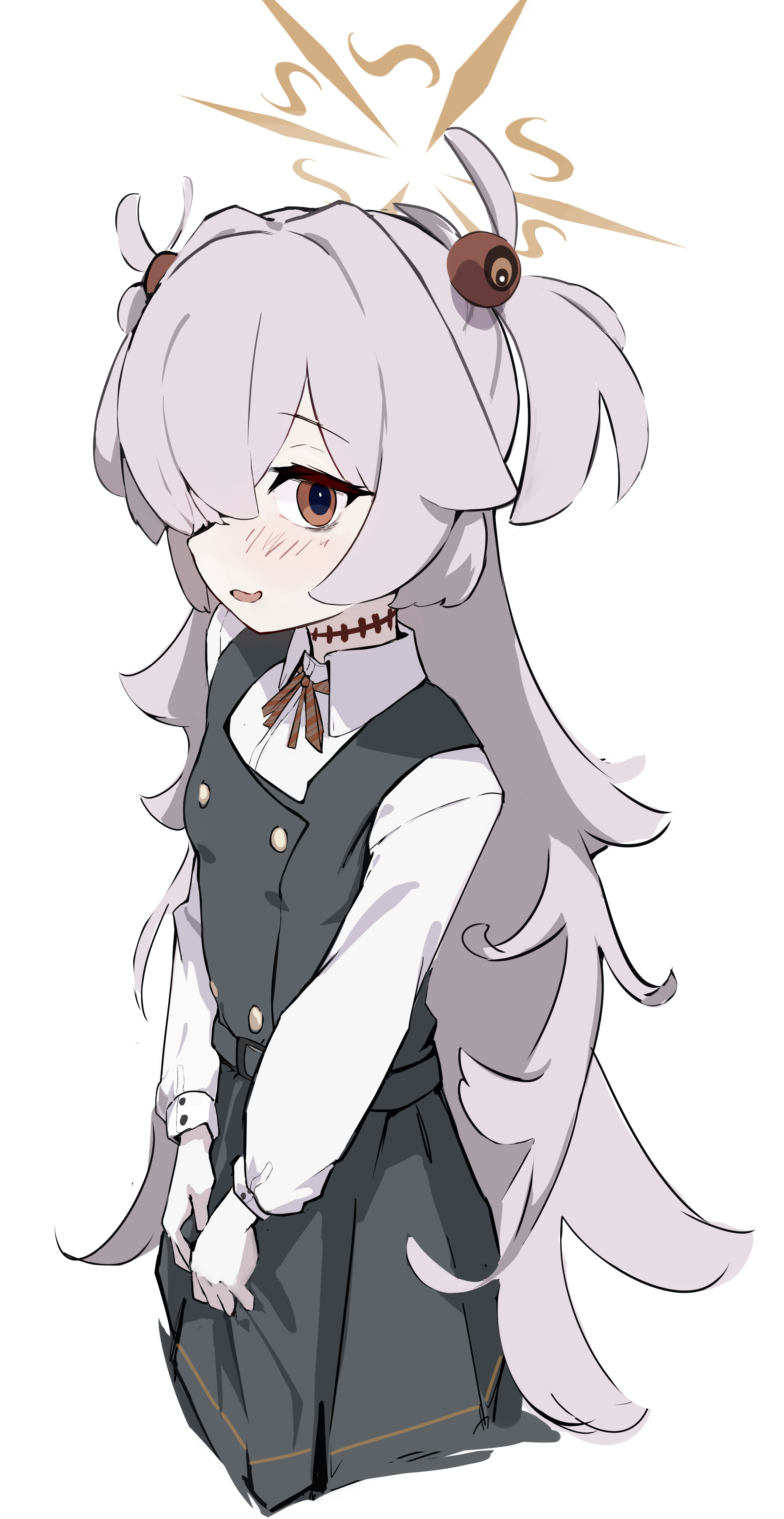 mi kan (1101515378), kanoe (blue archive), blue archive, absurdres, commentary, highres, 1girl, belt, black dress, blush, breasts, brown eyes, brown halo, brown ribbon, buttons, collared shirt, double-breasted, dress, grey hair, hair ornament, hair over one eye, halo, long hair, long sleeves, looking at viewer, neck ribbon, one eye covered, open mouth, pinafore dress, pleated dress, ribbon, scar, scar on neck, shirt, simple background, sleeveless, sleeveless dress, small breasts, smile, solo, striped ribbon, two side up, v arms, very long hair, white background, white shirt