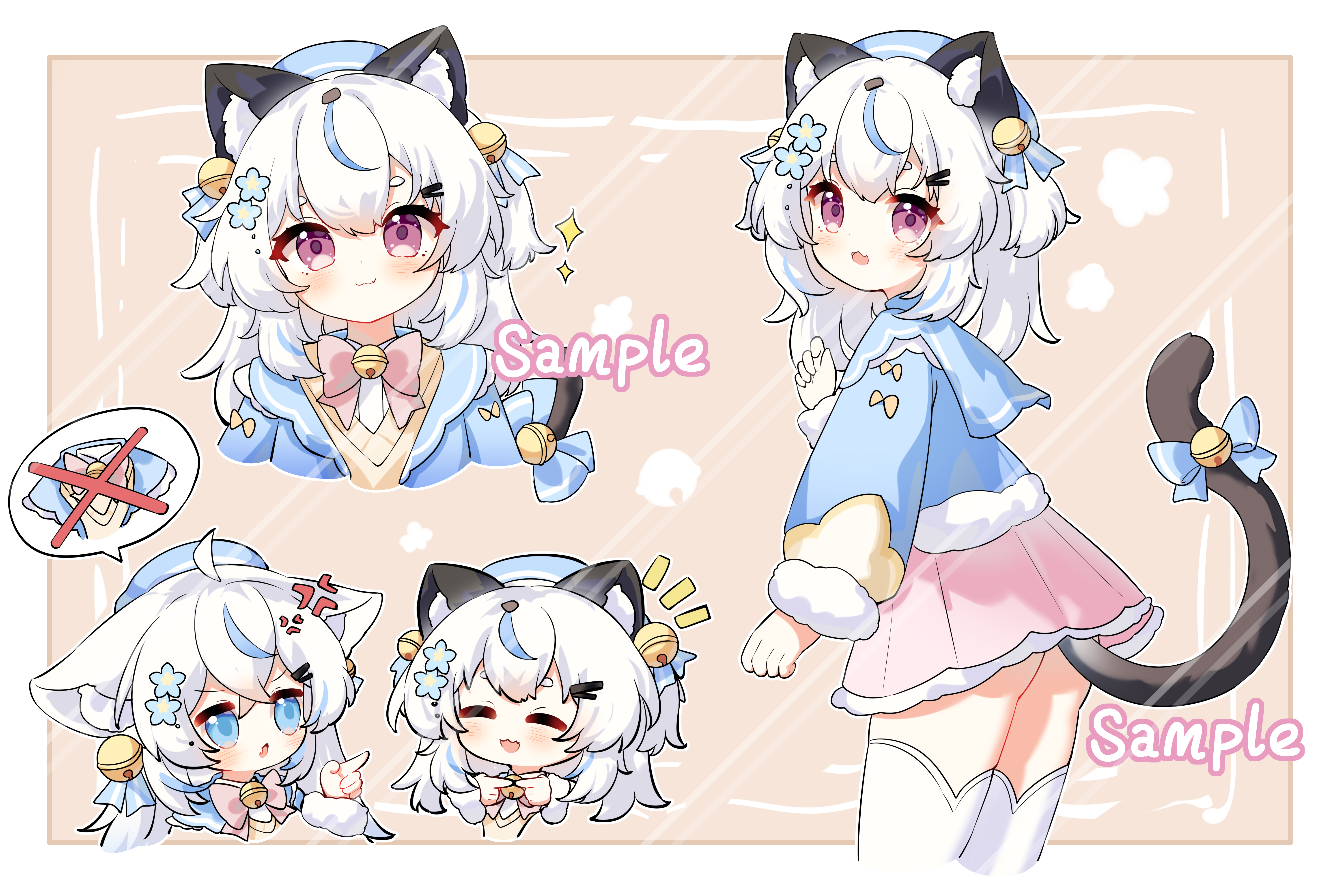 tian yang, original, absurdres, commentary request, commission, highres, 1girl, :3, anger vein, animal ear fluff, animal ears, ass, bell, blue flower, blue hair, blue jacket, blue sailor collar, border, bow, bowtie, brown background, cat ears, cat girl, cat tail, chibi, chibi inset, fang, flower, fur-trimmed jacket, fur-trimmed skirt, fur trim, hair bell, hair flower, hair ornament, hairclip, jacket, looking at viewer, medium hair, miniskirt, multicolored hair, multiple views, neck bell, notice lines, open mouth, parallel hairclips, pink bow, pink bowtie, pink eyes, pink skirt, sailor collar, simple background, skin fang, skirt, smile, spoken x, streaked hair, tail, thighhighs, vest, watermark, watermark grid, white border, white hair, white thighhighs, yellow vest