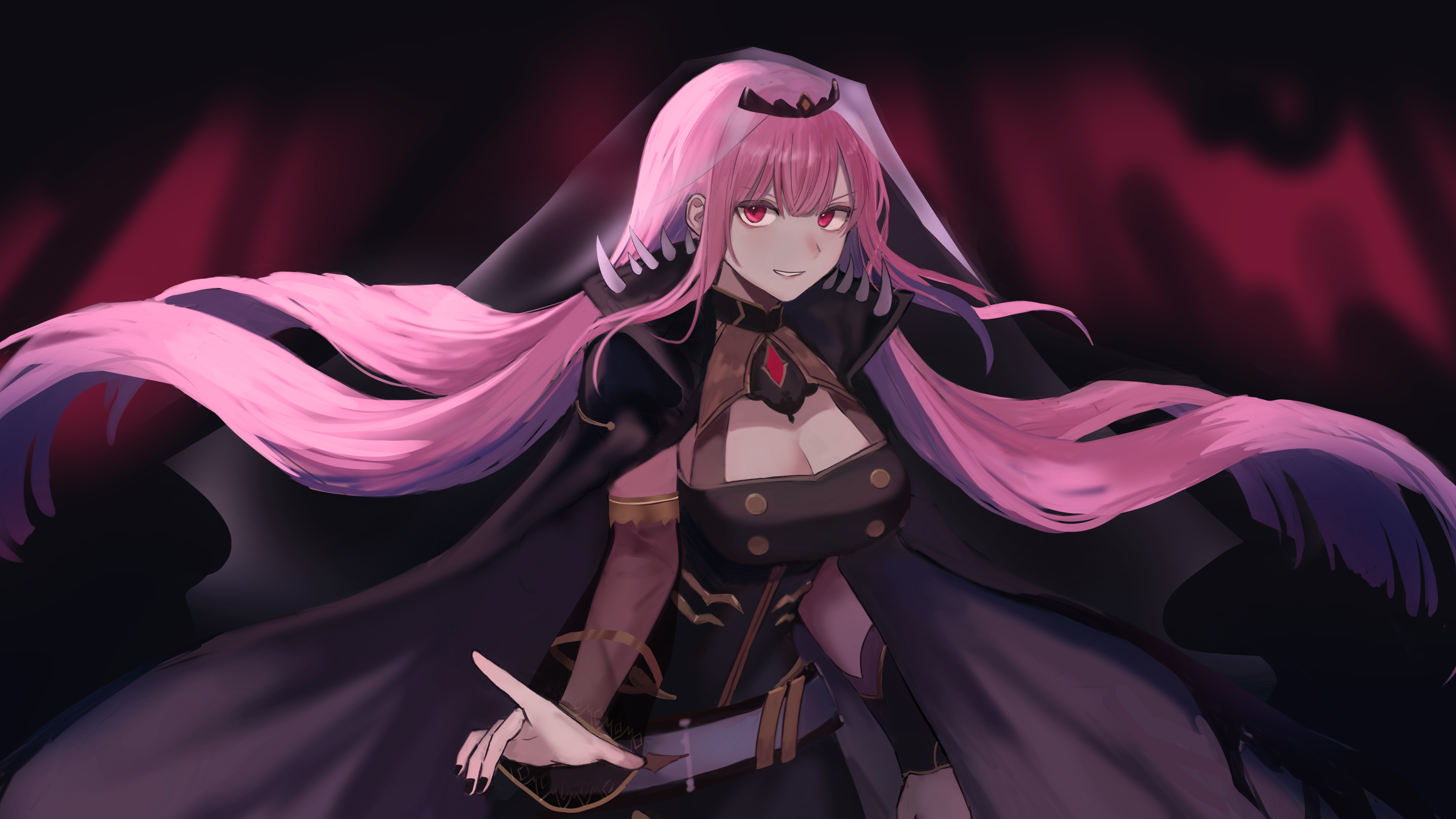 agamemega, mori calliope, hololive, hololive english, absurdres, commentary, highres, 1girl, black cape, black dress, breasts, cape, cleavage, cleavage cutout, clothing cutout, dress, light smile, long hair, looking at viewer, pink hair, red eyes, shoulder spikes, solo, spikes, tiara, veil, virtual youtuber