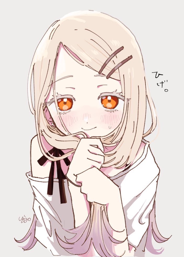 syrup7979, shinosawa hiro, gakuen idolmaster, idolmaster, commentary request, translation request, 1girl, blonde hair, blush, closed mouth, earrings, gradient hair, grey background, grey hair, hair ornament, hairclip, hands up, holding, holding own hair, jewelry, long hair, looking at viewer, multicolored hair, nose blush, orange eyes, parallel hairclips, shirt, short sleeves, simple background, single off shoulder, small sweatdrop, smile, solo, spaghetti strap, stud earrings, upper body, white shirt, wristband