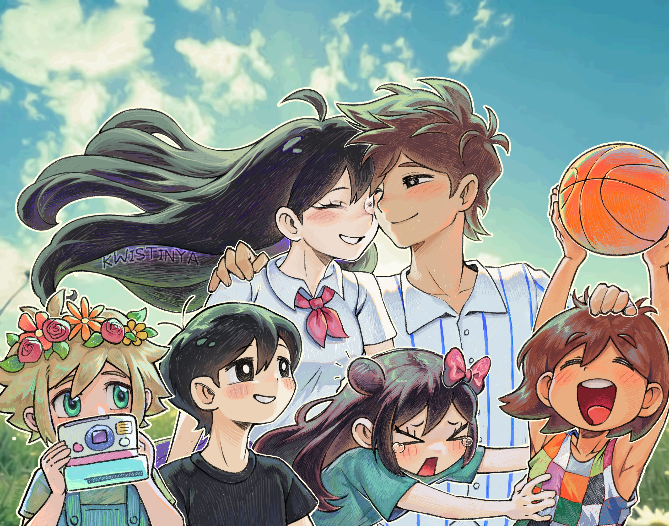 kwistinya, aubrey (faraway) (omori), aubrey (omori), basil (faraway) (omori), basil (omori), hero (faraway) (omori), hero (omori), kel (faraway) (omori), kel (omori), mari (faraway) (omori), mari (omori), sunny (omori), omori, commentary, english commentary, highres, > <, 2girls, 4boys, aged down, ahoge, alternate costume, antenna hair, arms up, artist name, ball, basketball (object), black eyes, black hair, black shirt, blonde hair, blue eyes, blue overalls, blue shirt, blue sky, blush, bow, bright pupils, brother and sister, brothers, brown hair, camera, checkered clothes, closed eyes, cloud, collarbone, collared pajamas, collared shirt, dark-skinned male, dark skin, day, double-parted bangs, flower, flower wreath, green shirt, hair between eyes, hair bow, hand on another's head, head wreath, holding, holding ball, holding camera, long hair, long sleeves, looking at another, multiple boys, multiple girls, neckerchief, one eye closed, open mouth, outdoors, overalls, pajamas, pink bow, red neckerchief, shirt, short hair, short sleeves, siblings, sidelocks, sky, smile, striped clothes, striped pajamas, t-shirt, tank top, teeth, tongue, upper teeth only, vertical-striped clothes, vertical-striped pajamas, white pajamas, white pupils, white shirt