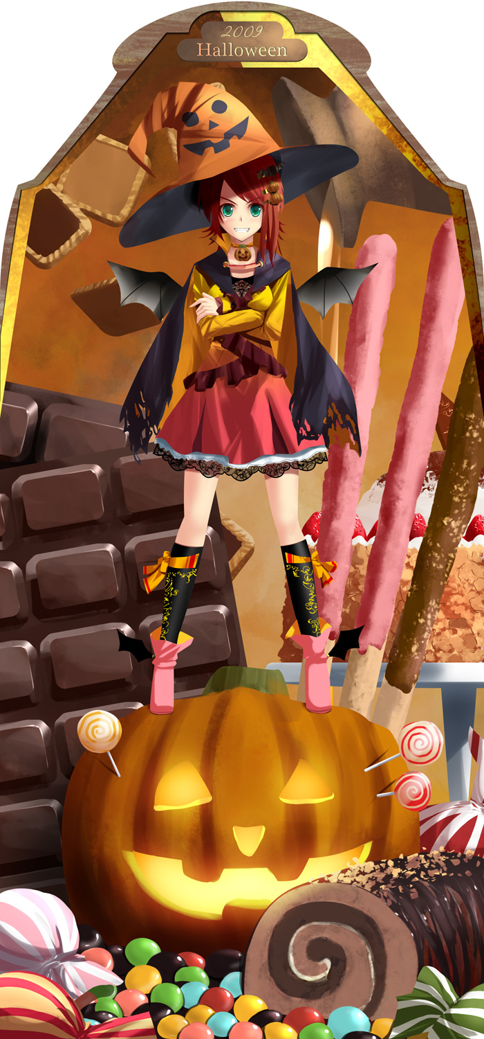 kouji (astral reverie), original, highres, 00s, 1girl, 2009, bat wings, cake, candy, chocolate, chocolate bar, choker, cookie, crossed arms, female focus, food, food-themed clothes, food-themed hair ornament, fruit, green eyes, hair ornament, hairclip, halloween, hat, jack-o'-lantern, lollipop, pocky, pocky strawberry, pouring, pumpkin, pumpkin hair ornament, pumpkin hat, red hair, solo, strawberry, swirl lollipop, swiss roll, torn clothes, wings, witch hat