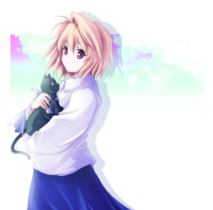 mihuni, arcueid brunestud, len (tsukihime), tsukihime, bad id, bad pixiv id, 00s, 1girl, blonde hair, cat, long skirt, red eyes, short hair, skirt, sweater
