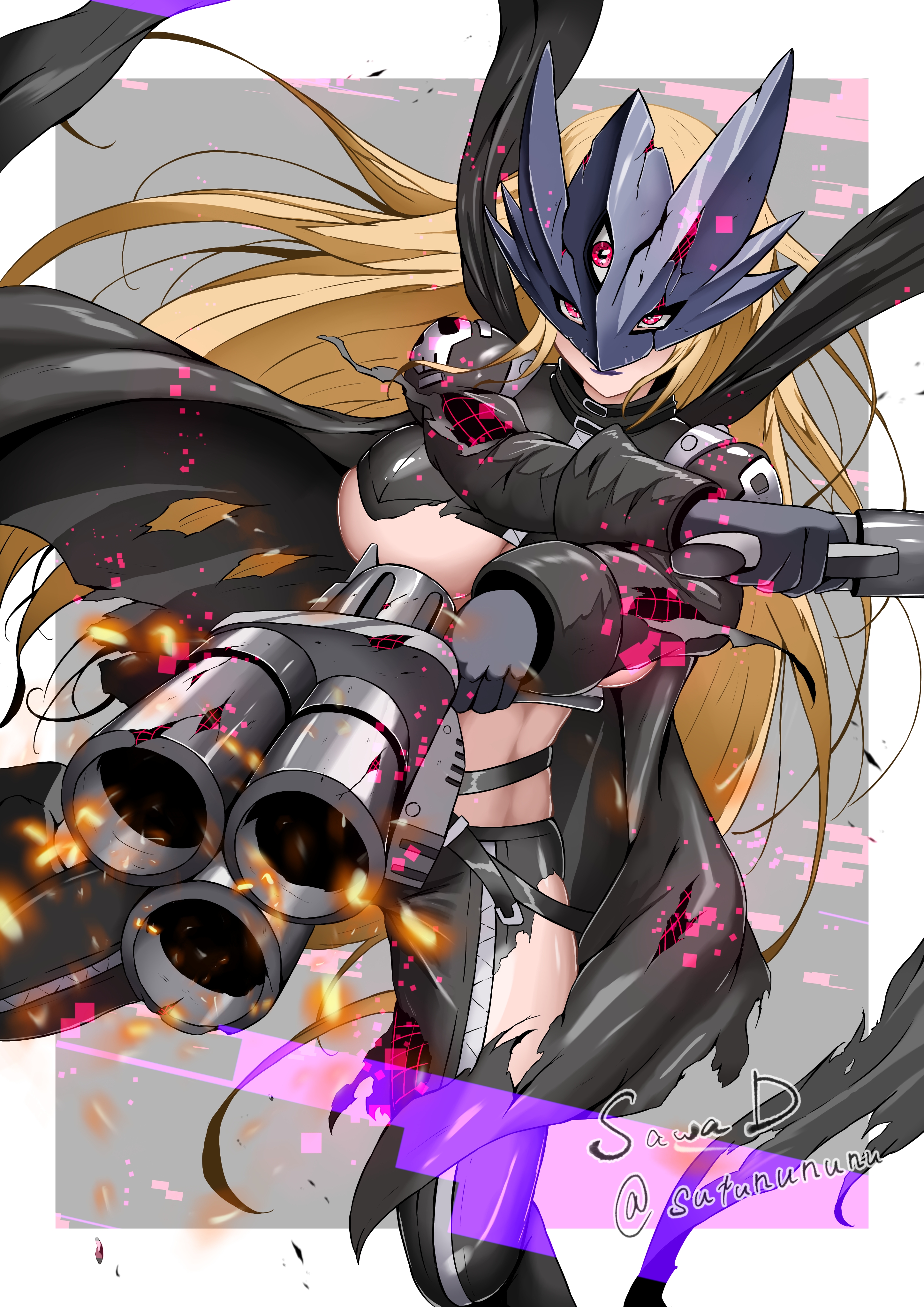 sawa d, beelstarmon, digimon, absurdres, commentary request, highres, partial commentary, 1girl, belt, black coat, black gloves, black pants, black vest, blonde hair, blue mask, breasts, closed mouth, coat, cropped vest, digimon (creature), digital dissolve, dual wielding, eye mask, gloves, gun, handgun, holding, holding gun, holding weapon, large breasts, leather, leather pants, lipstick, long hair, looking at viewer, makeup, mask, multiple-barrel gun, pants, pink eyes, purple lips, sidelocks, signature, simple background, skull print, solo, standing, stomach, third eye, tight clothes, tight pants, torn clothes, torn coat, torn pants, twitter username, underboob, vest, weapon, wireframe, zipper