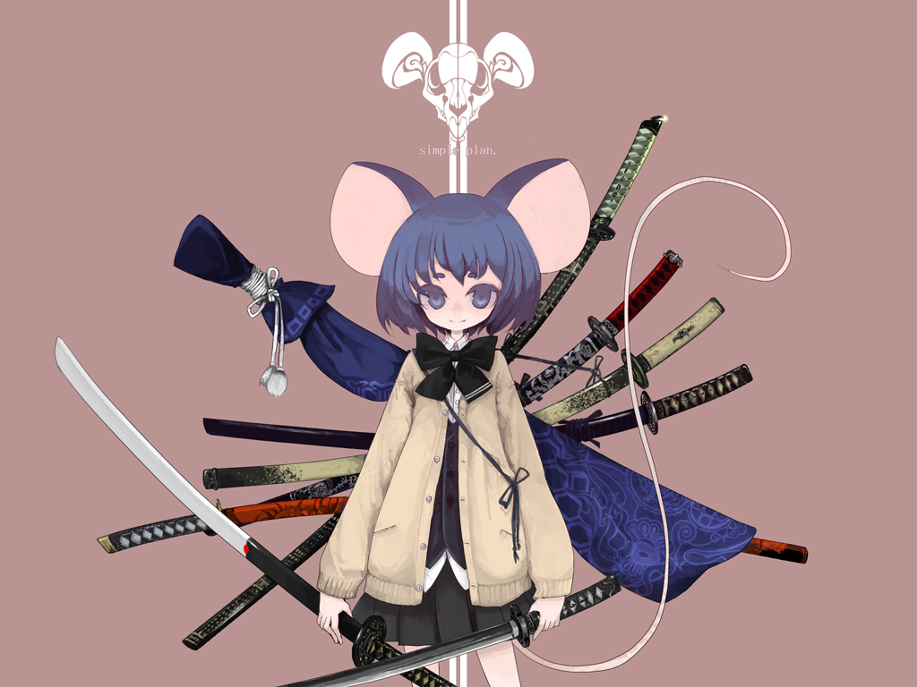 enchi, original, 1girl, animal ears, blue eyes, blue hair, bow, cardigan, dual wielding, female focus, holding, katana, matching hair/eyes, mouse ears, mouse tail, school uniform, short hair, skirt, smile, solo, sword, tail, vest, weapon, weapon bag