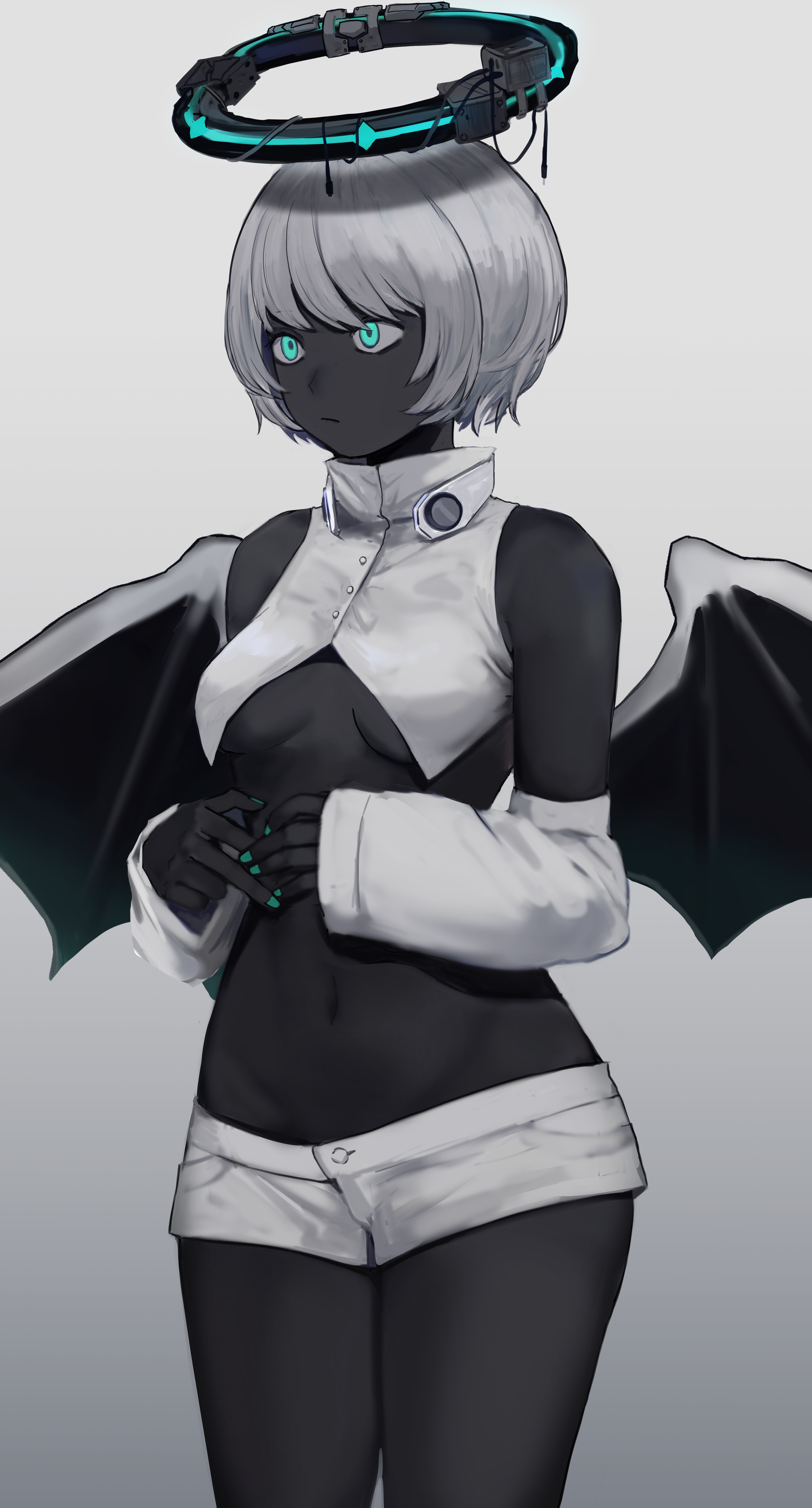 agamemega, original, absurdres, highres, 1girl, aqua eyes, bat wings, blue nails, breasts, cropped shirt, dark-skinned female, dark skin, detached sleeves, gradient background, grey background, halo, looking to the side, mechanical halo, nail polish, navel, shirt, short hair, short shorts, shorts, simple background, solo, spot color, standing, underboob, white hair, white shirt, white shorts, white sleeves, wings