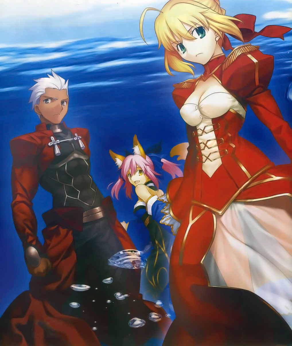 takeuchi takashi, archer (fate), nero claudius (fate), nero claudius (fate/extra), tamamo no mae (fate), fate/extra, fate (series), highres, non-web source, official art, scan, third-party edit, 10s, 1boy, 2girls, ahoge, animal ear fluff, animal ears, blonde hair, dark-skinned male, dark skin, dress, epaulettes, fox ears, fox tail, green eyes, hair between eyes, hair ribbon, japanese clothes, multiple girls, pink hair, ribbon, see-through clothes, tail, twintails, white hair, yellow eyes