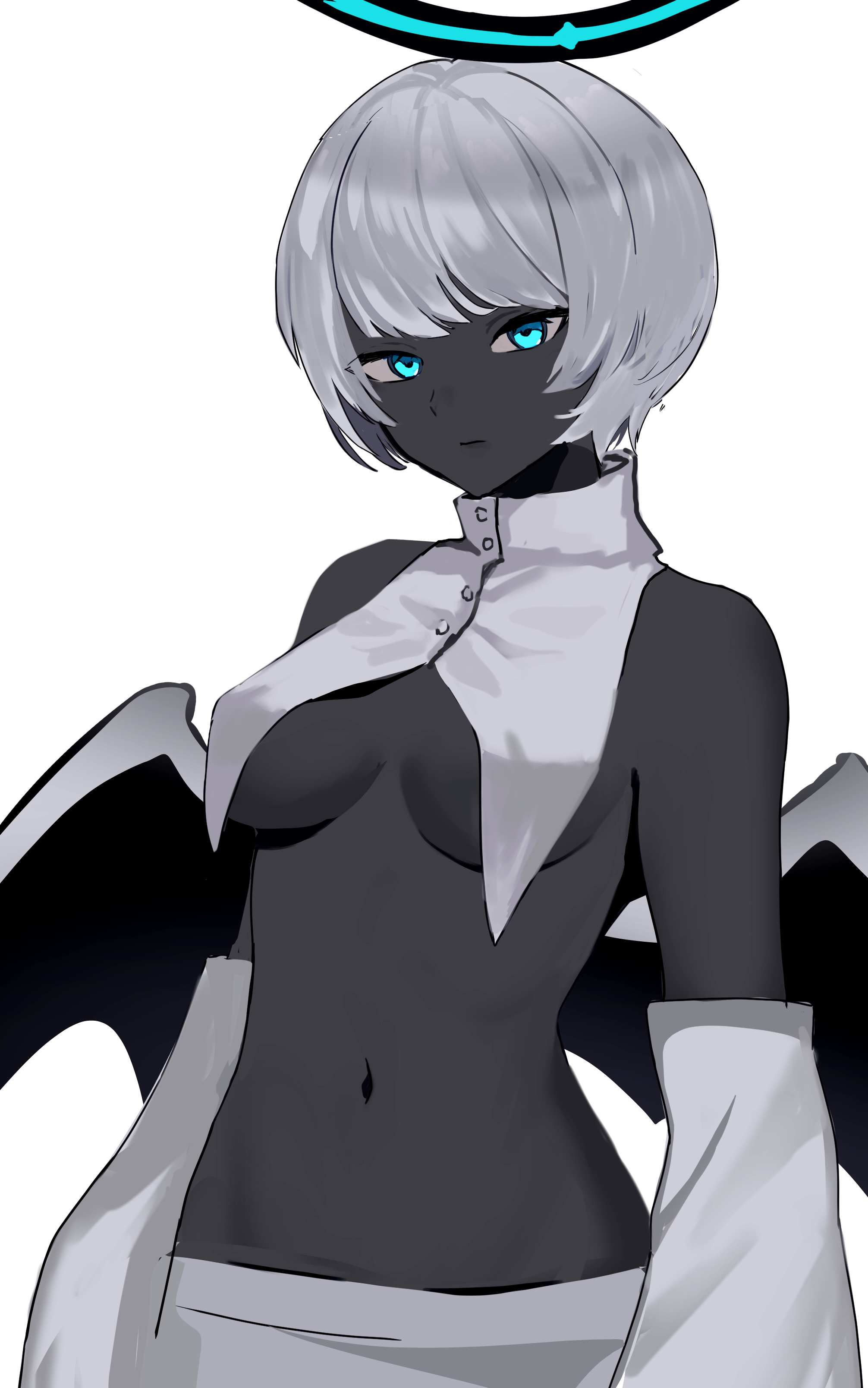 agamemega, original, absurdres, highres, 1girl, aqua eyes, bat wings, black skin, breasts, colored skin, cropped shirt, dark-skinned female, dark skin, detached sleeves, expressionless, halo, looking at viewer, navel, shirt, short hair, simple background, solo, spot color, underboob, white background, white hair, white shirt, white sleeves, wings